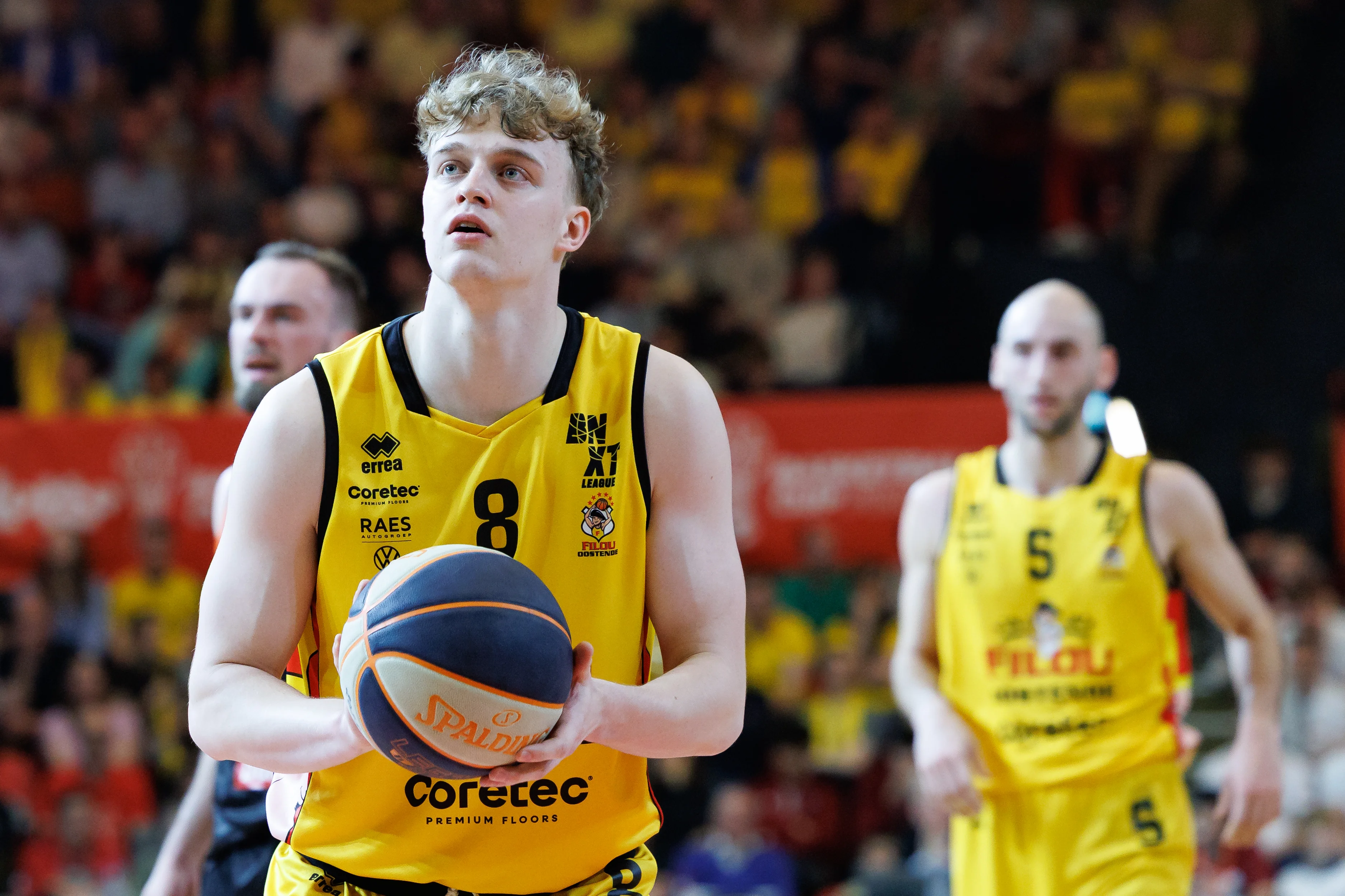 Oostende's Joppe Mennes pictured in action during a basketball match between BC Oostende and Leuven Bears, Sunday 09 March 2025 in Oostende, the final of the men's Belgian Basketball Cup. BELGA PHOTO KURT DESPLENTER