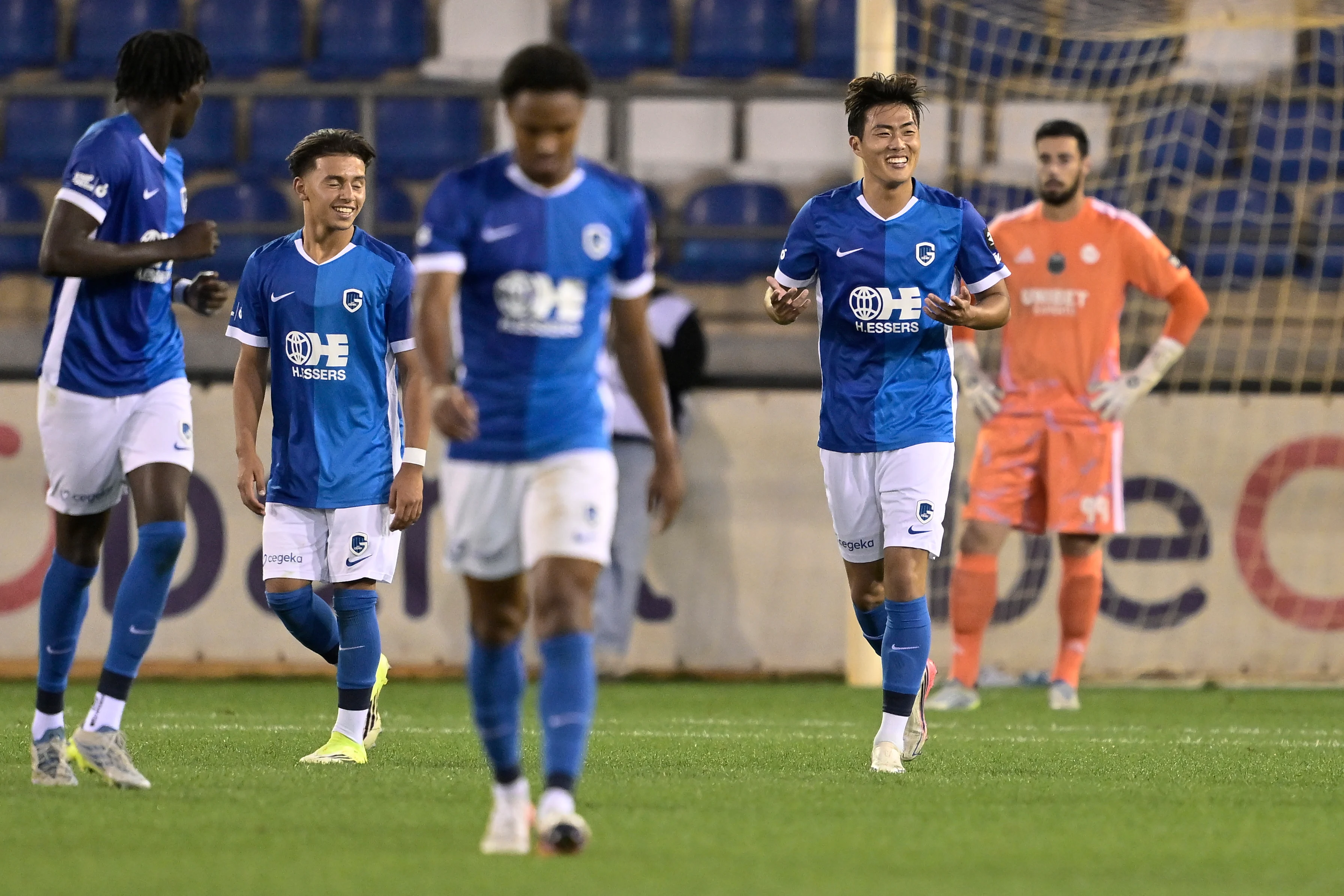 Jong Genk's Myeongjun Kim celebrates after scoring during a soccer match between Jong Genk and Sporting Hasselt, Saturday 5 September 2026 in Genk, on day 4 of the 2026-2027 'Challenger Pro League' 1B second division of the Belgian championship. BELGA PHOTO JOHAN EYCKENS