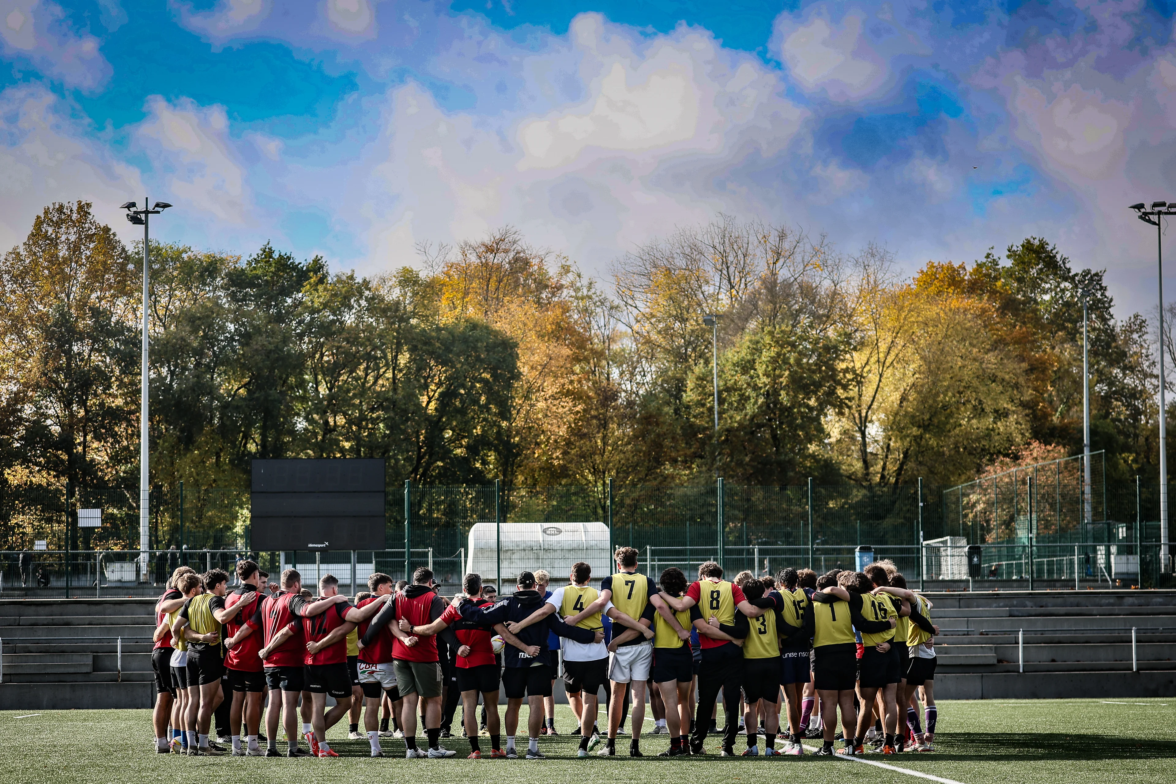 Belgium's players pictured during a training session of the Black Devils, the Belgian national rugby team, at the Nelson Mandela Stadium in Neder-Over-Heembeek, Brussels, Sunday 02 November 2025. The team is preparing for the qualification games for the World Cup. BELGA PHOTO BRUNO FAHY