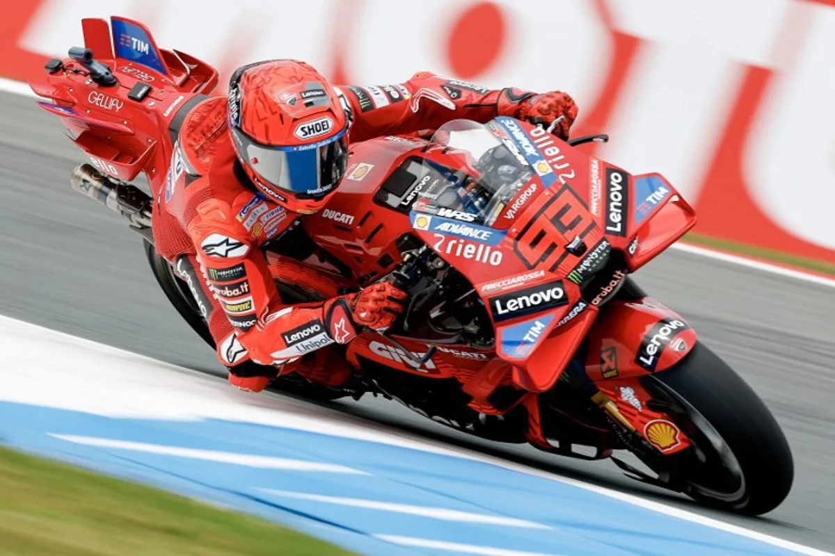 Ducati Lenovoi Team's Spanish MotoGP rider Marc Marquez takes a corner during a free practice ahead 2024 Netherlands MotoGP Grand Prix at the TT Circuit Assen, in Assen on June 27, 2025. Vincent Jannink / ANP / AFP