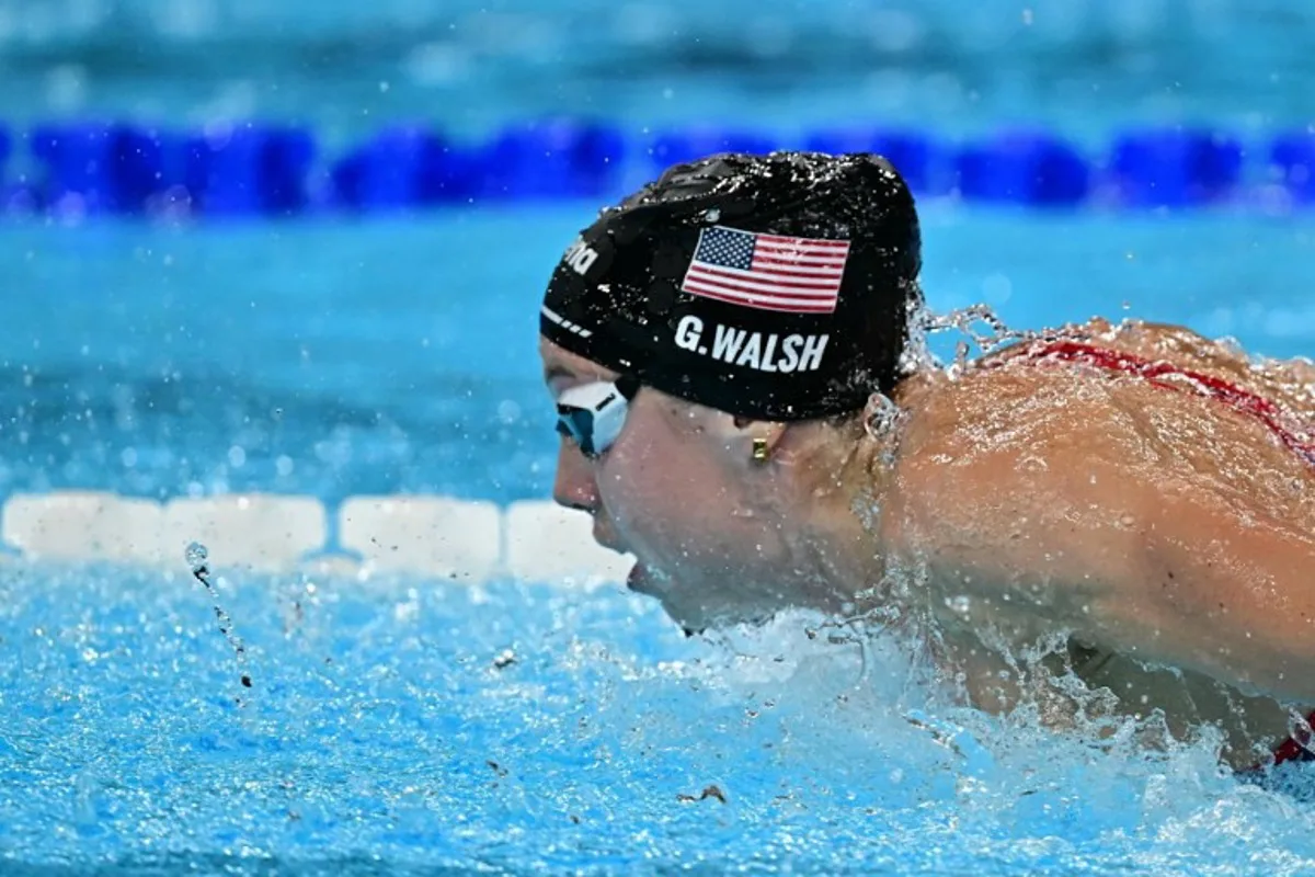 US' Gretchen Walsh competes in the final of the mixed 4x100m medley relay final swimming event during the Paris 2024 Olympic Games at the Paris La Defense Arena in Nanterre, west of Paris, on August 3, 2024.  Manan VATSYAYANA / AFP