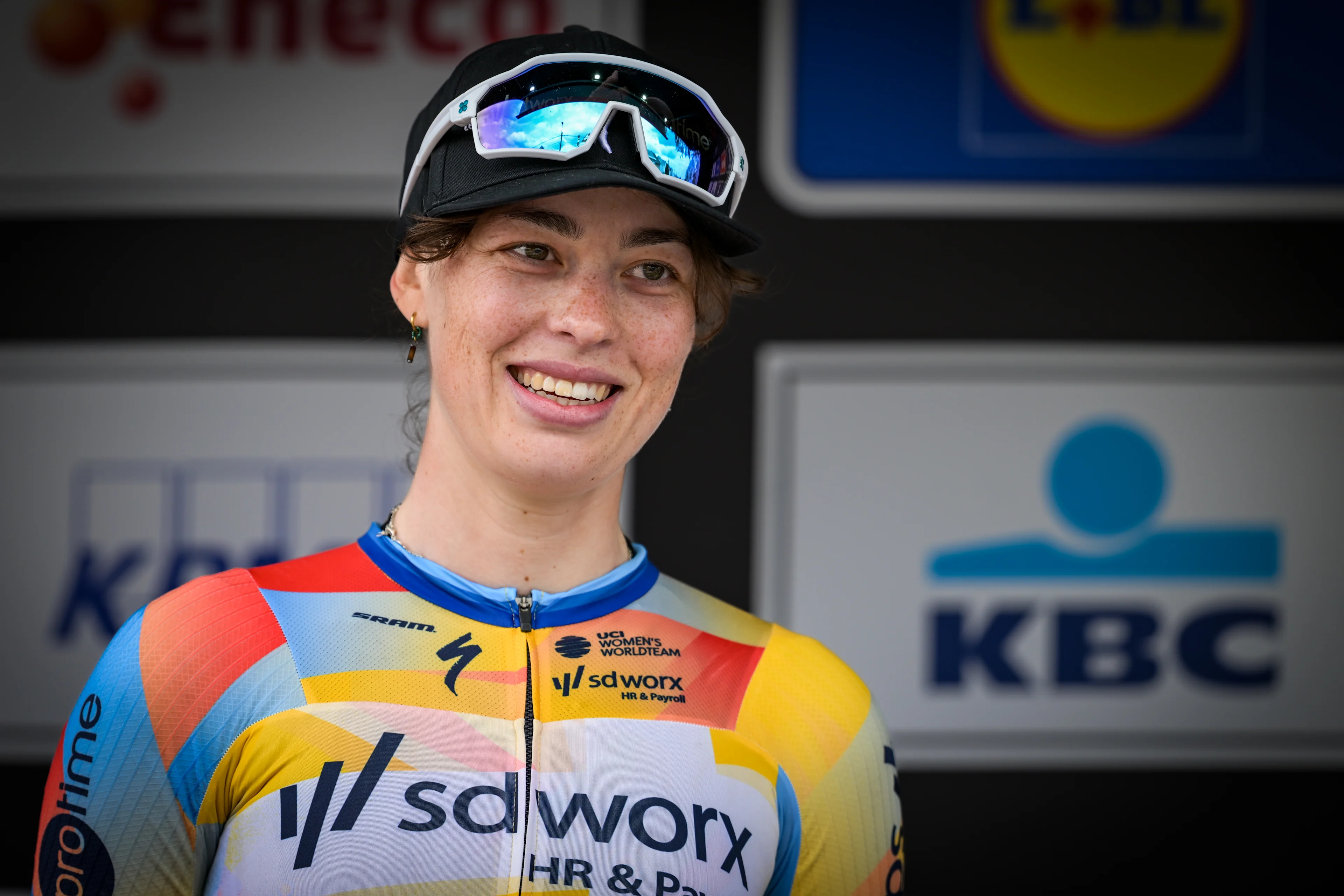 Belgian Mischa Bredewold of SD Worx-Protime pictured on the podium after the women's 'Brabantse Pijl' one day cycling race, 125,7km from Lennik to Overijse on Friday 17 April 2026. BELGA PHOTO DAVID PINTENS