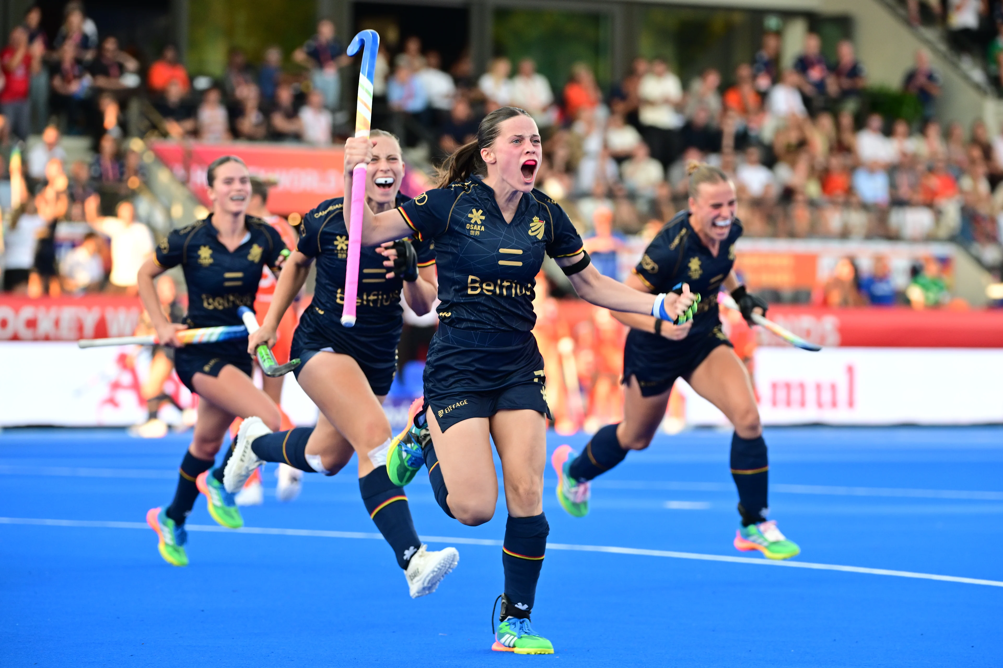 Belgium's Famke van Heel pictured celebrating after scoring during a field hockey game between Belgian national team Red Panthers and Netherlands, at the women's 2026 Hockey World Cup, on Thursday 27 August 2026 in Amsterdam. The 2026 edition of the Hockey World Cup takes place in Belgium and The Netherlands from August 15 to August 30. BELGA PHOTO DIRK WAEM