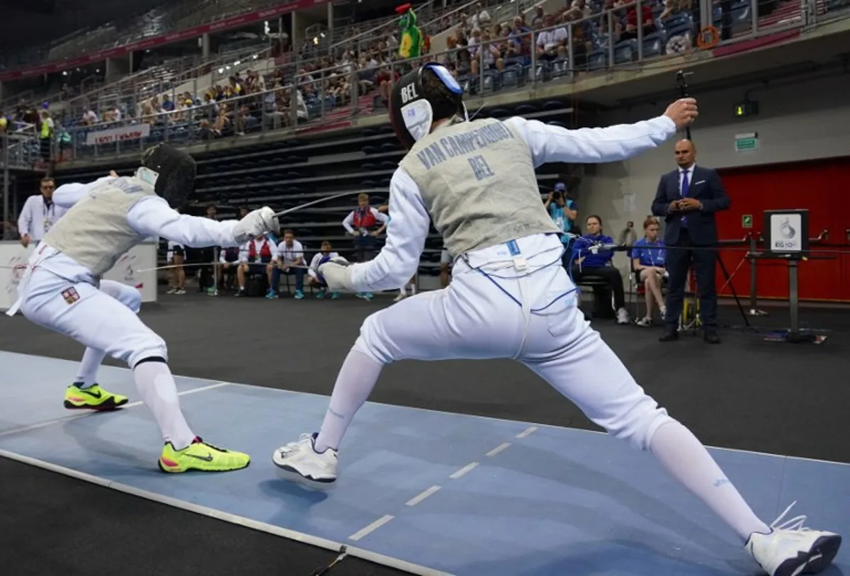Belgium's Stef Van Campenhout (R) competes against Czech Republic's Alexander Choupenitch during the Fencing - Men's Foil Individual competition at the European Games 2023 in Krakow on June 26, 2023. JANEK SKARZYNSKI / AFP