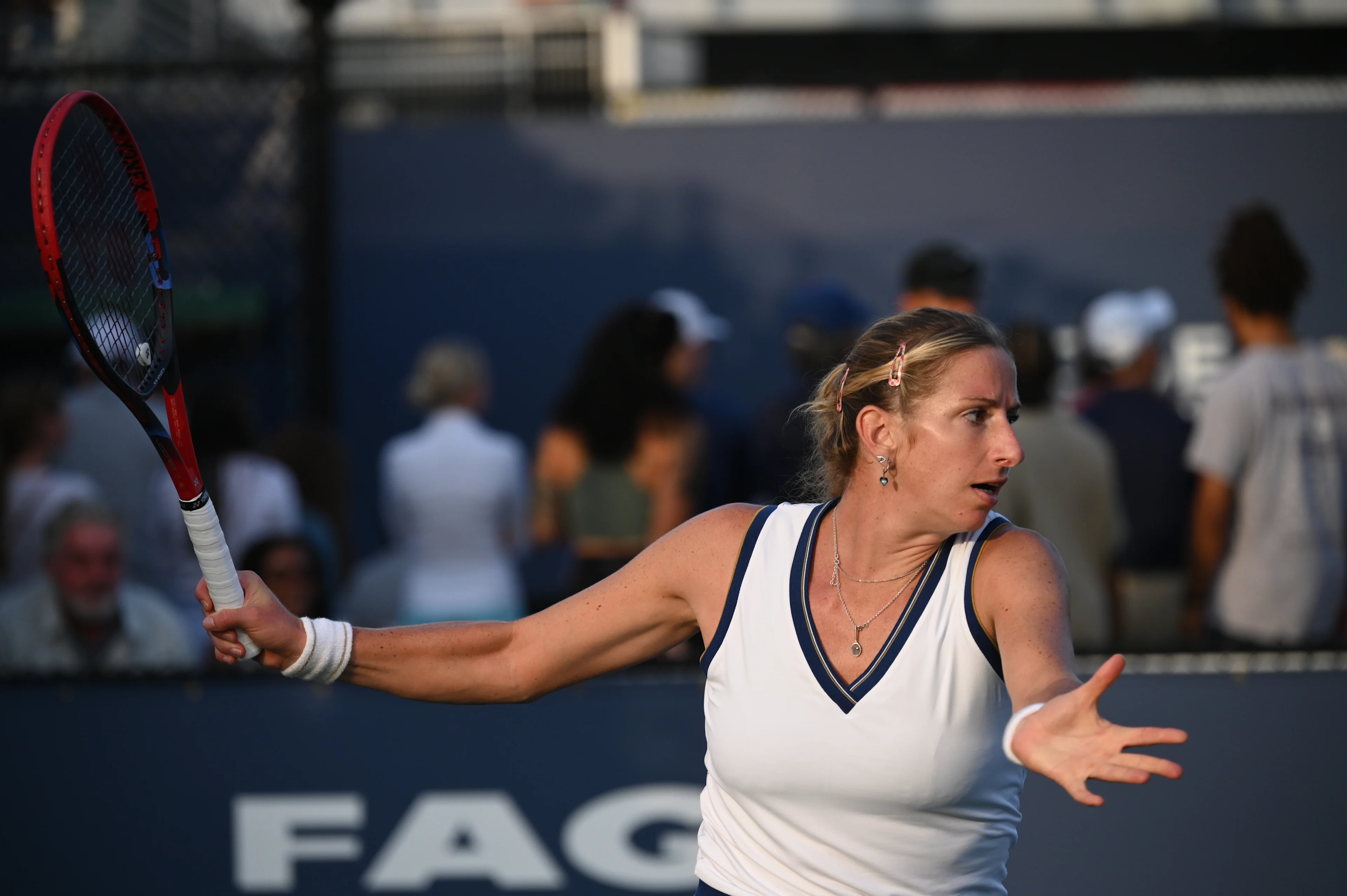 Magali Kempen pictured in action during a tennis match against Spanish Bolsova, in the Women's Qualifying Round at the 2023 US Open Grand Slam tennis tournament, at Flushing Meadow, New York City, USA, Tuesday 22 August 2023. BELGA PHOTO TONY BEHAR