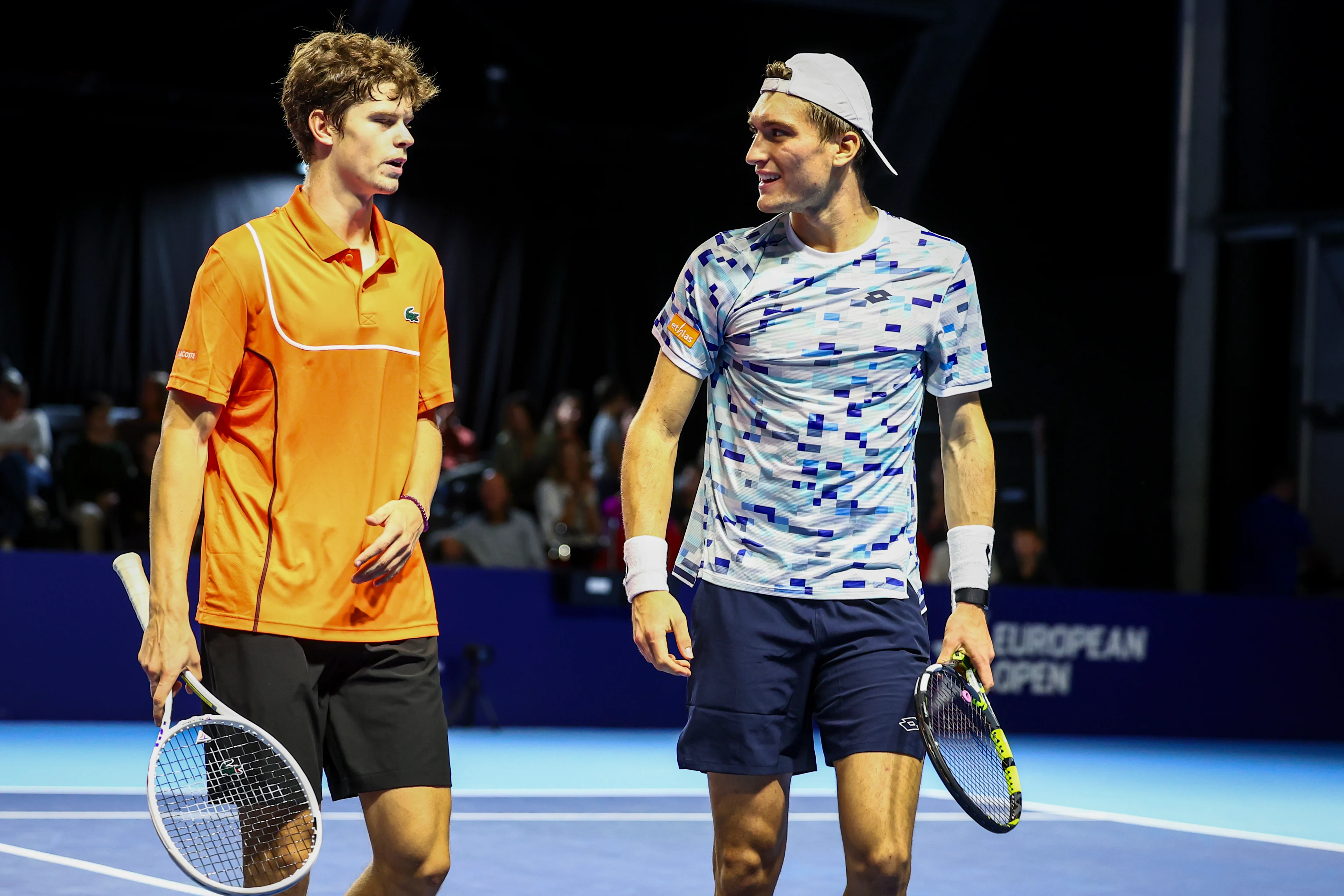 Belgian Alexander Blockx and Belgian Raphael Collignon pictured during a tennis match in the round of 16 of the doubles competition at the ATP European Open Tennis tournament in Antwerp, Wednesday 16 October 2024. BELGA PHOTO DAVID PINTENS