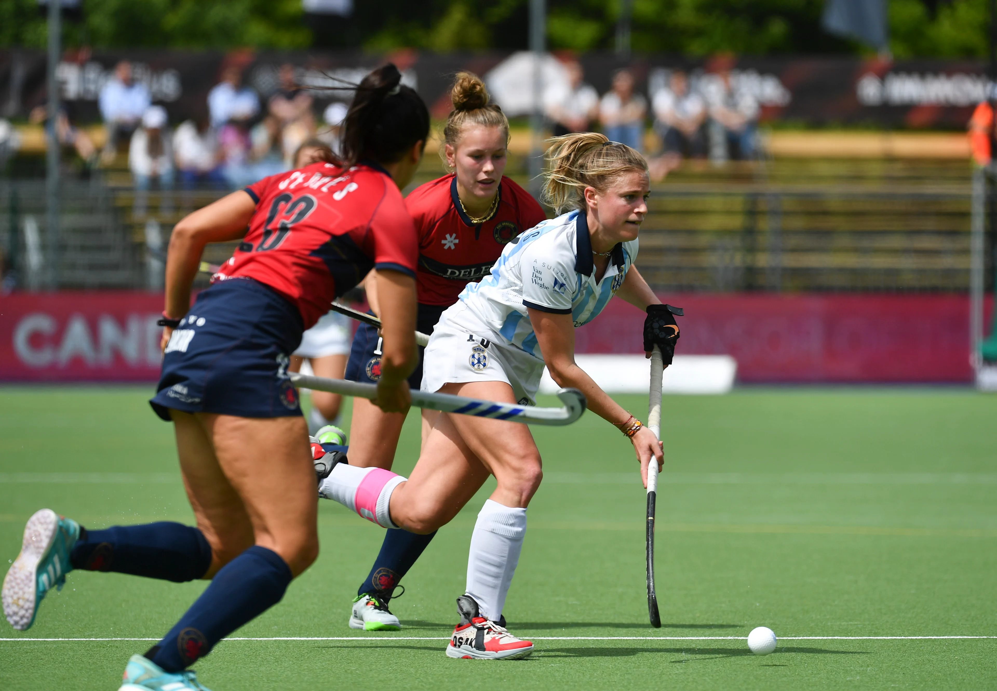 Gantoise's Alix Gerniers controls the ball during a hockey game between KHC Dragons and Gantoise, Saturday 07 May 2022 in Louvain-la-Neuve, the first leg game in the finals of the play-offs of the women's Belgian League season 2021-2022. BELGA PHOTO JOHN THYS