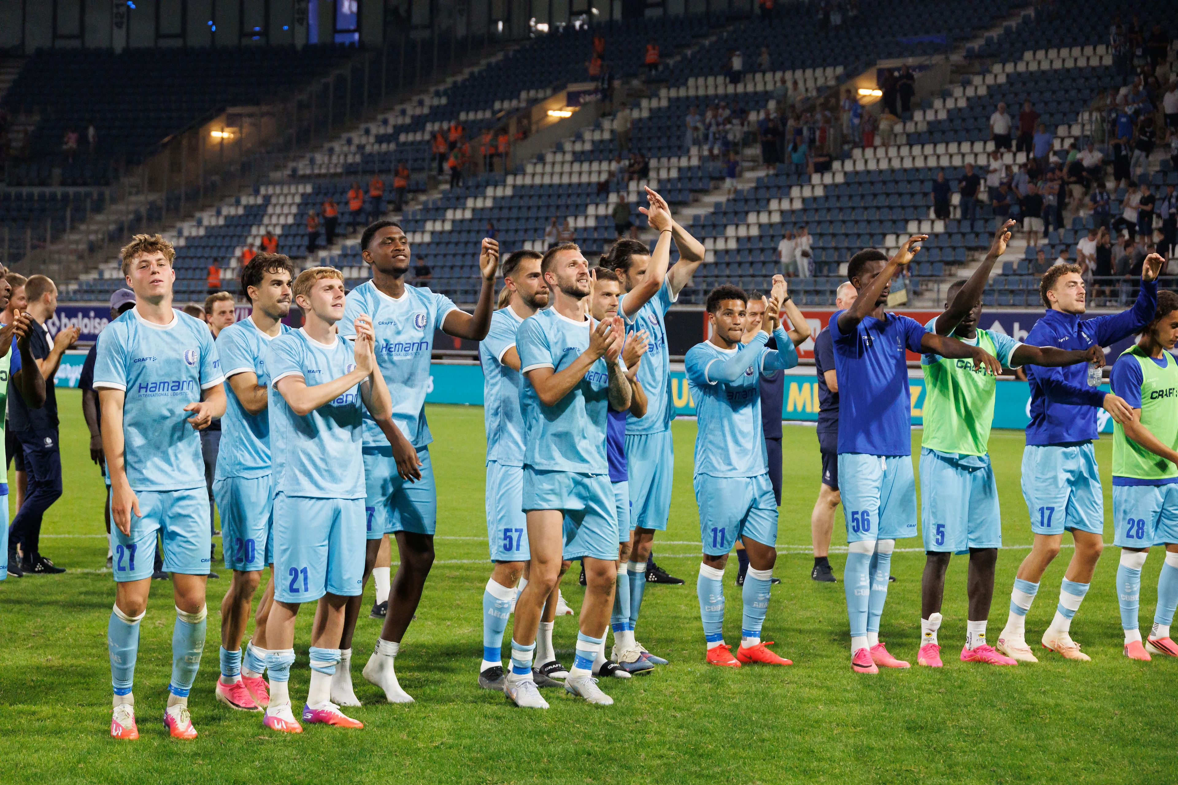 Gent's player celebrate after winning a soccer game between Belgian KAA Gent and Ukrainian FC LNZ Cherkasy, Thursday 30 July 2026 in Gent, the return leg of the second qualifying round for the UEFA Conference League. The first leg ended in a 0-0 draw. BELGA PHOTO KURT DESPLENTER