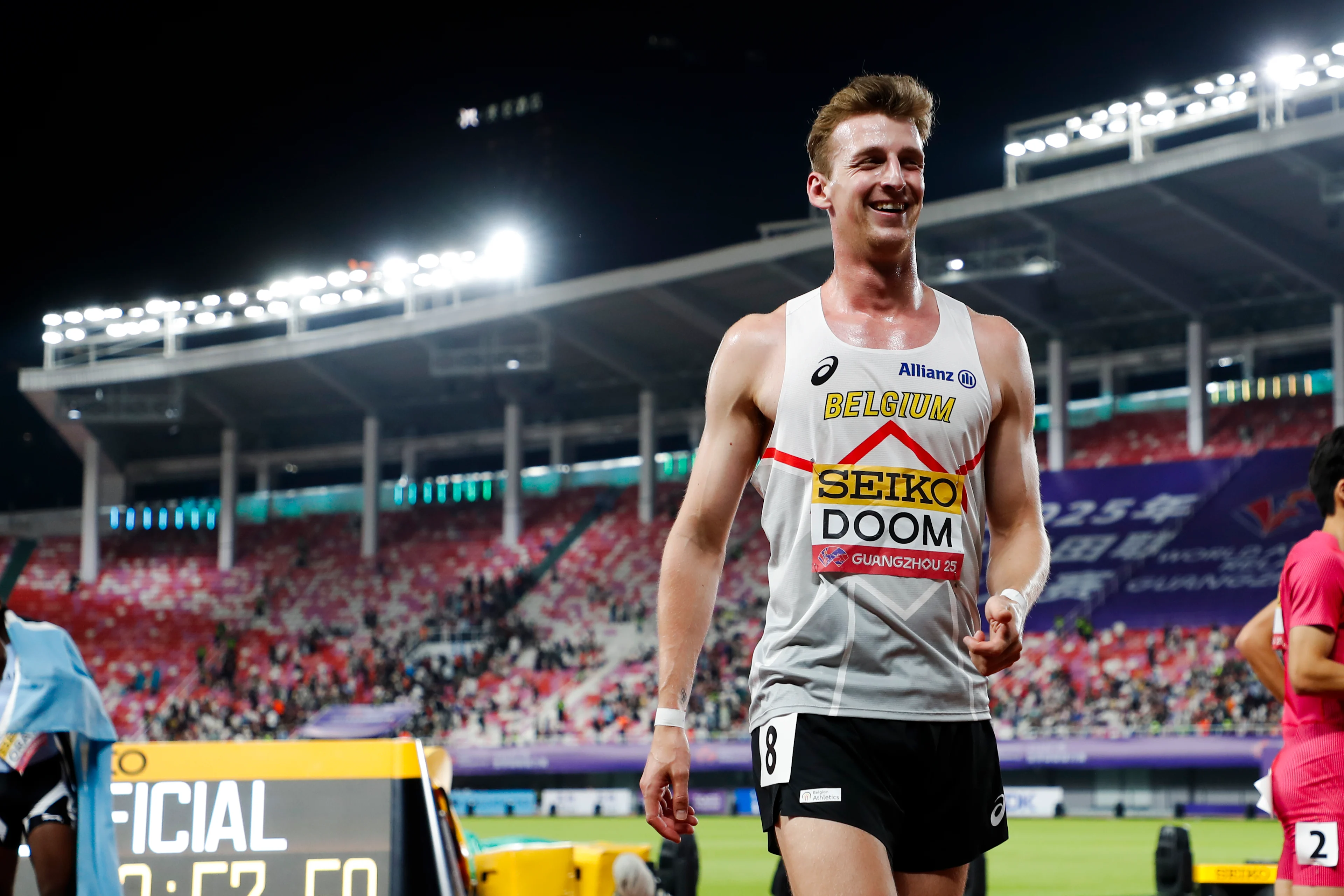 Belgian Alexander Doom celebrates after the men's 4x100m relay final race, at the world relay championships, on Saturday 10 May 2025 in Guangzhou, China. The world relay championships in Guangzhou take place from 10 to 11 May. BELGA PHOTO NIKOLA KRSTIC