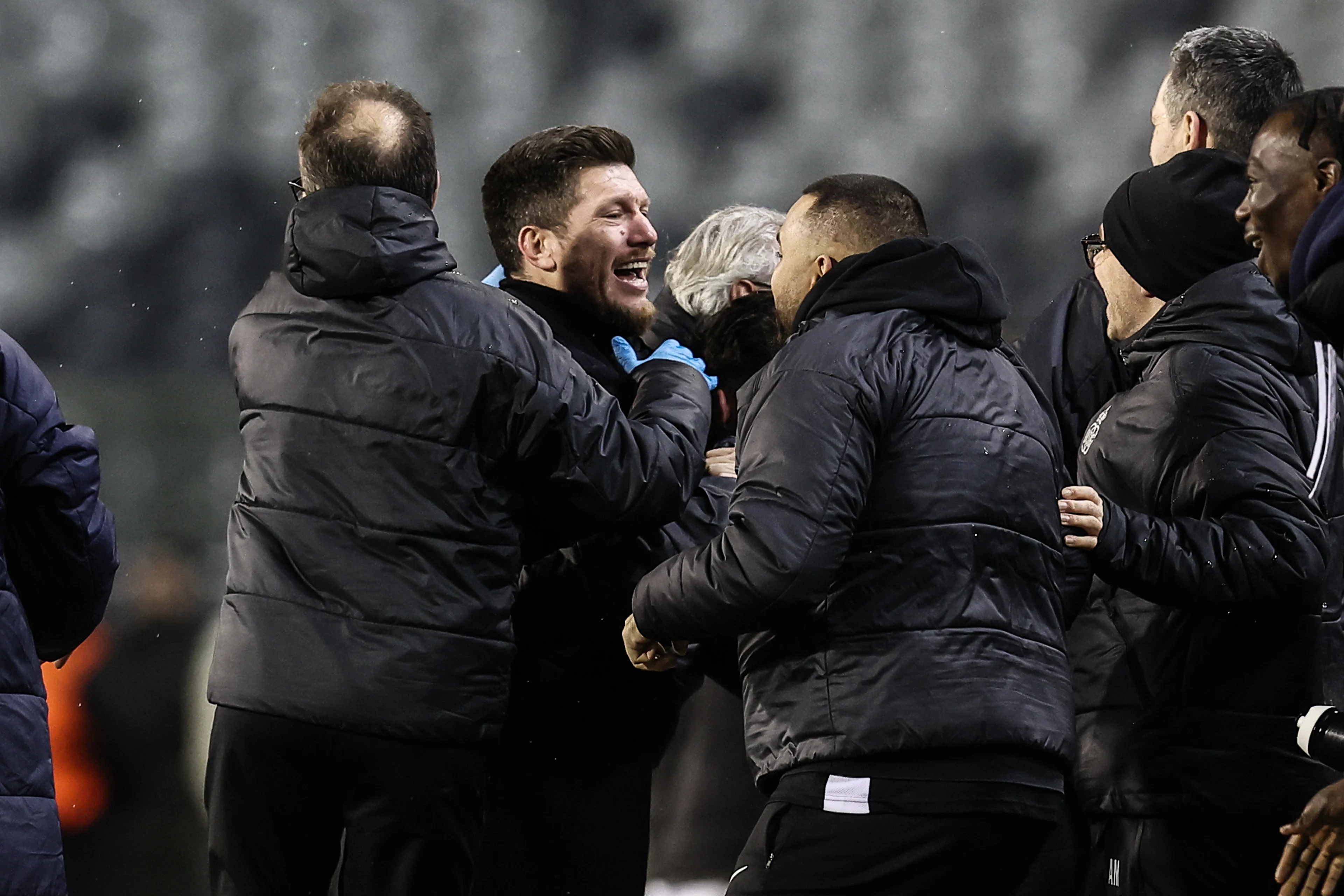 Union's head coach Sebastien Pocognoli celebrates after a soccer game between Belgian soccer team Royale Union Saint-Gilloise and Portugese Braga, on Thursday 23 January 2025 in Brussels, on day 7/8 of the League phase of the UEFA Europa League tournament. BELGA PHOTO BRUNO FAHY