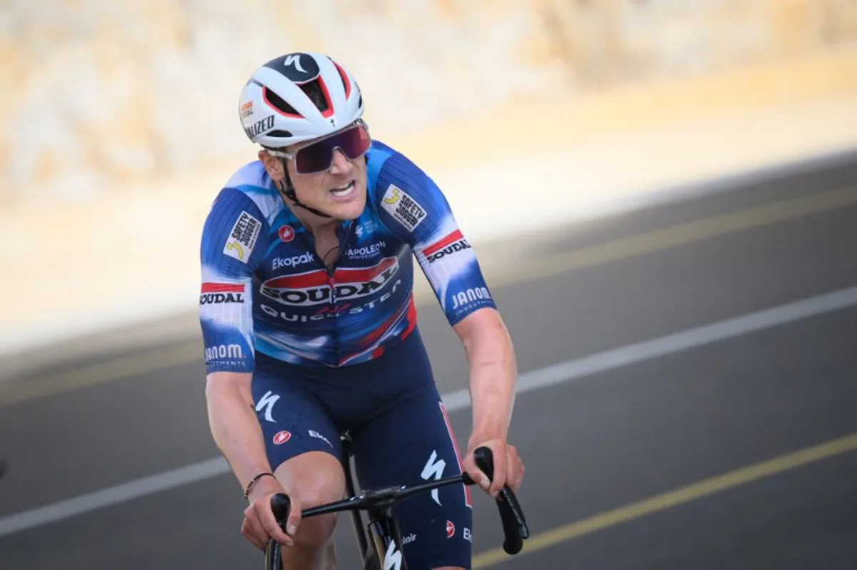 Soudal Quick-Step team's belgian rider Louis Vervaeke competes to win the second stage of the Tour of Oman cycling race from Al Rustaq fort to Yitti Hills, on February 9, 2025. Loic VENANCE / AFP