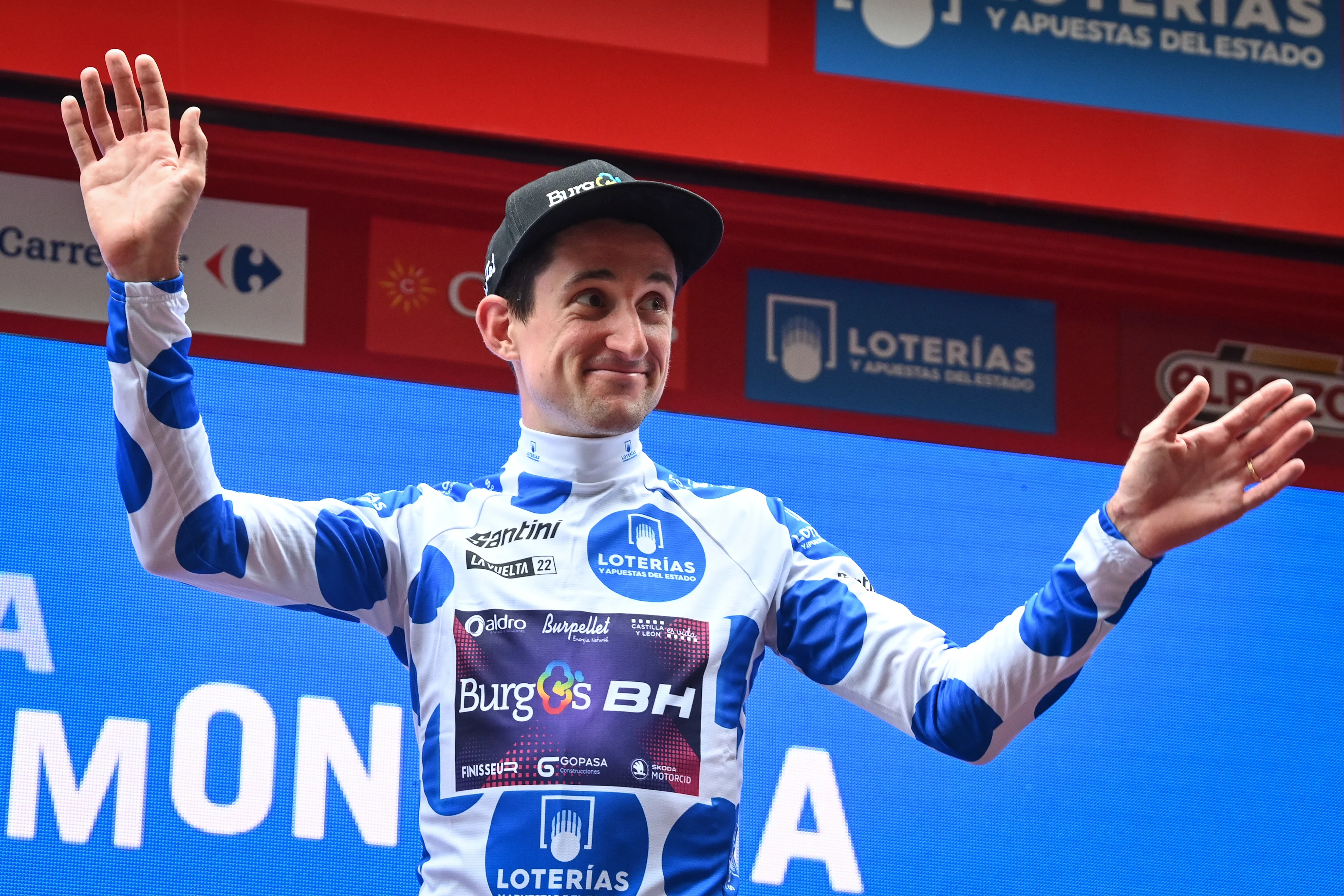 Monegasque Victor Langellotti of Burgos-BH celebrates on the podium in the polka-dot jersey for best climber after stage 5 of the 2022 edition of the 'Vuelta a Espana', Tour of Spain cycling race, from Irun to Bilbao (187,2 km), Spain, Wednesday 24 August 2022. BELGA PHOTO DAVID STOCKMAN