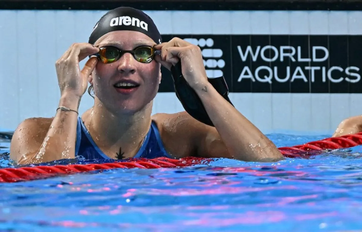 Lithuania's swimmer Ruta Meilutyte reacts after winning the women's 50m breaststroke swimming event during the 2025 World Aquatics Championships in Singapore on August 3, 2025. Manan VATSYAYANA / AFP