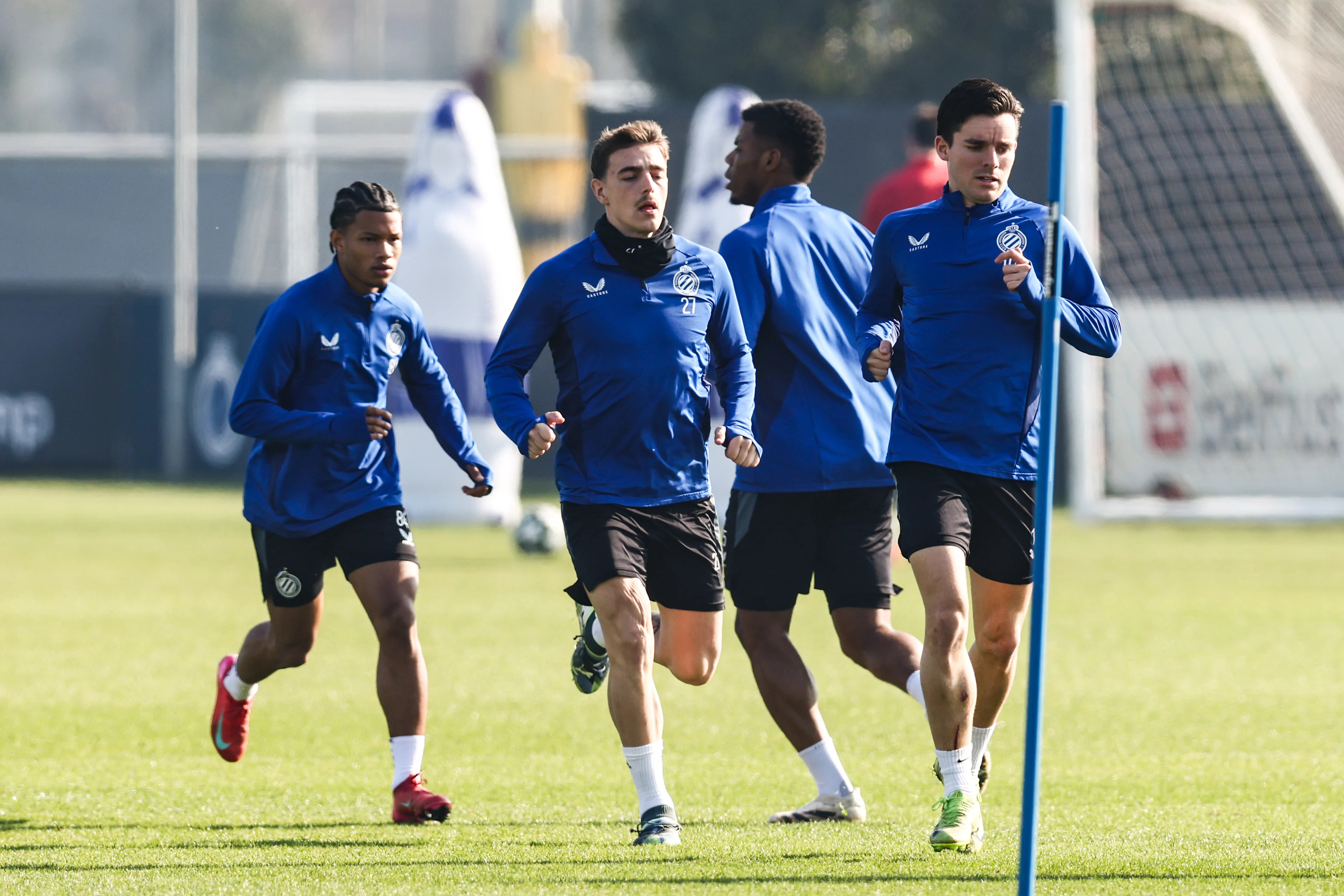 Club's Casper Nielsen and Club's Hugo Vetlesen fight for the ball during a training session of Belgian soccer Club Brugge KV, Monday 03 March 2025 in Brugge. Tomorrow, they will play against English club Aston Villa, on the first leg of the 1/8 finals of the UEFA Champions League knockout phase. BELGA PHOTO BRUNO FAHY