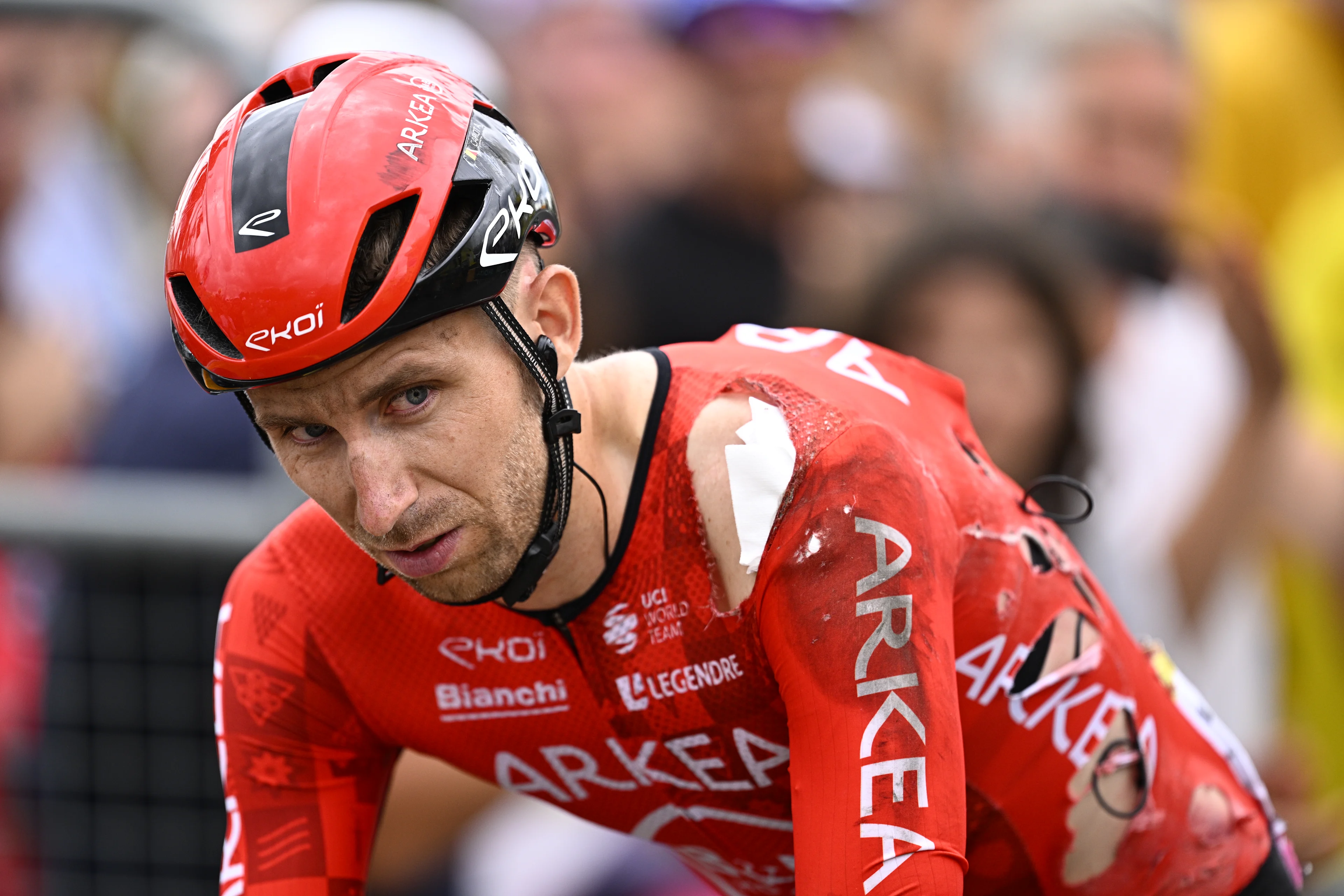 Belgian Amaury Capiot of Arkea-BB Hotels looks injured after a fall, as he crosses the finish line of stage 13 of the 2024 Tour de France cycling race, from Agen to Pau, France (165,3 km) on Friday 12 July 2024. The 111th edition of the Tour de France starts on Saturday 29 June and will finish in Nice, France on 21 July. BELGA PHOTO JASPER JACOBS
