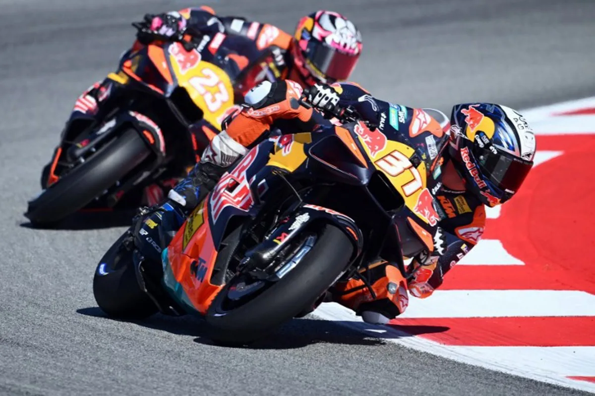 Team Red Bull GASGAS Tech3's Enea Bastianini (L) and Team Red Bull KTM Factory Racing's Pedro Acosta ride during the second free practice session at the Catalunya Moto GP Grand Prix at the Catalunya racetrack in Montmelo, near Barcelona, on May 16, 2026.  JOSE JORDAN / AFP