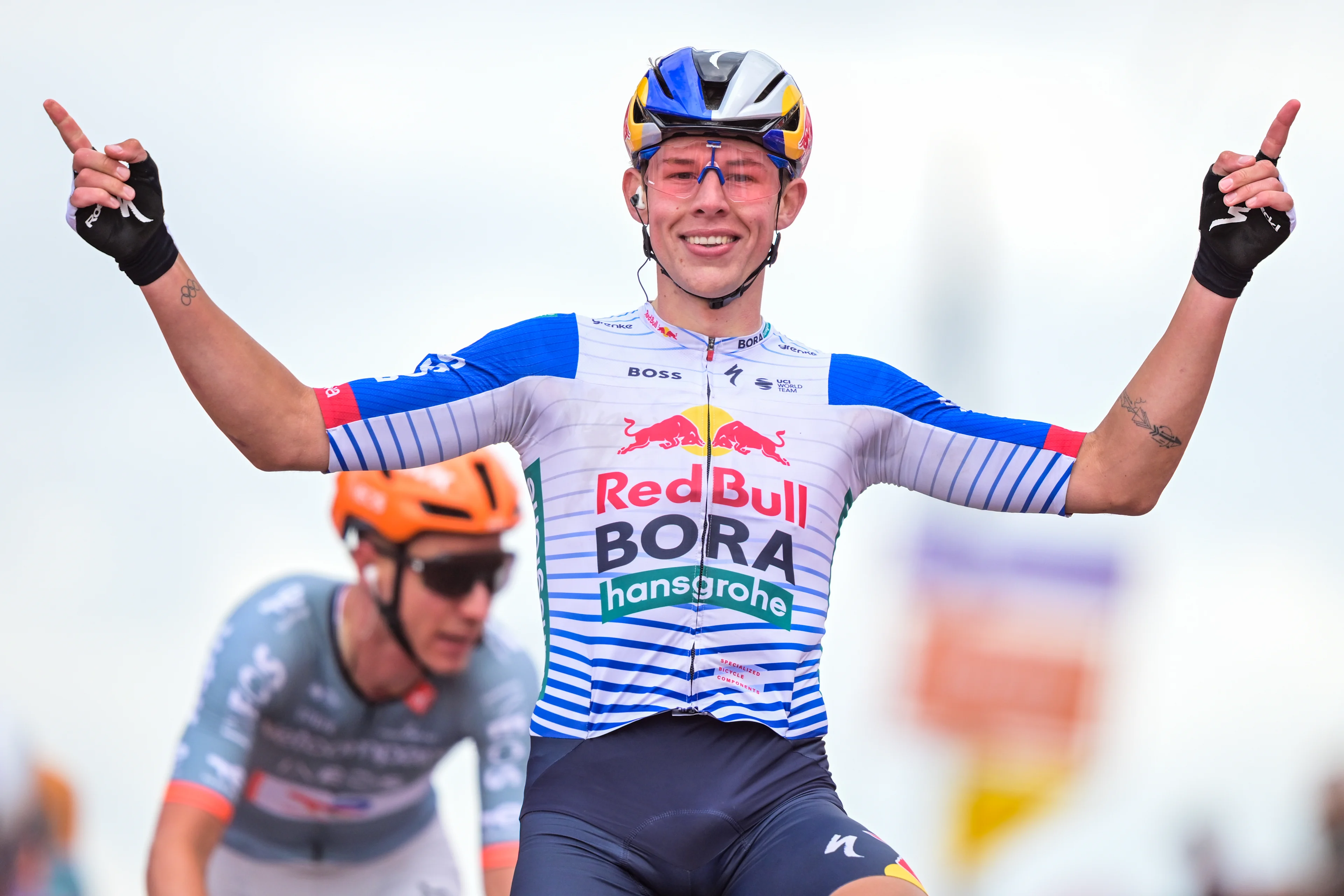 New Zealander Laurence Pithie of Red Bull-BORA-hansgrohe celebrates as he crosses the finish line to win the third stage of the Tour De Wallonie cycling race, from Habay to Vaux-sur-Sûre (176,9 km), on Wednesday 03 June 2026. BELGA PHOTO DAVID PINTENS