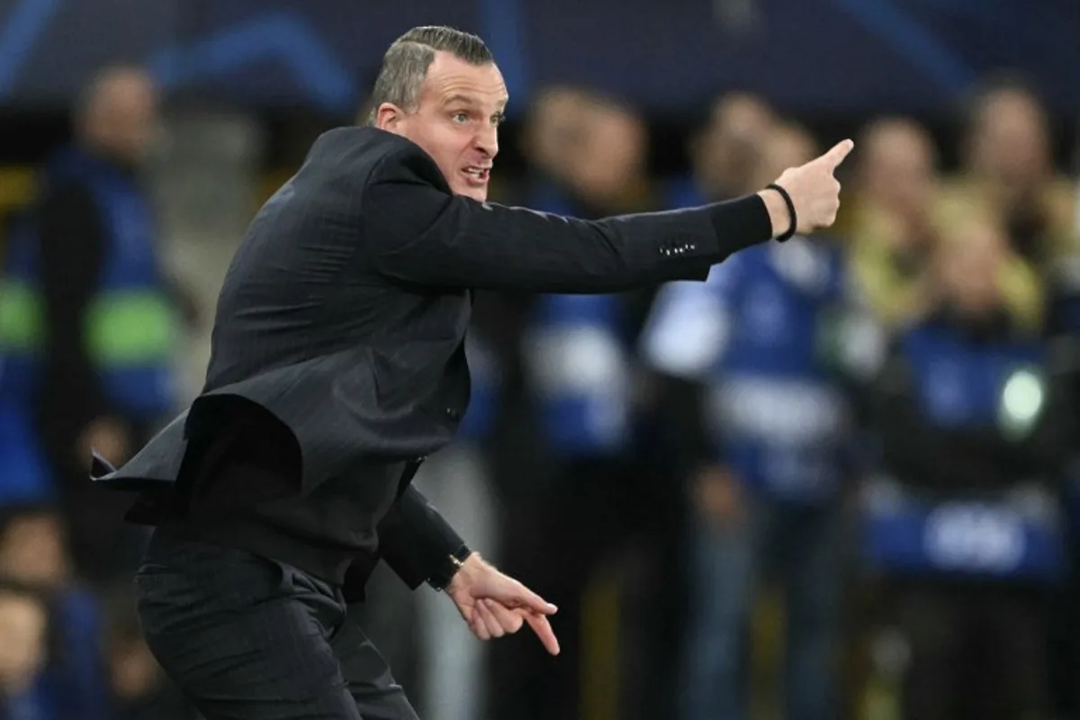 Club Brugge's Belgian coach Nicky Hayen reacts from the sidelines during the UEFA Champions League league phase day 4 football match between Club Brugge and FC Barcelona at Jan Breydelstadion stadium, in Bruges, on November 5, 2025. NICOLAS TUCAT / AFP