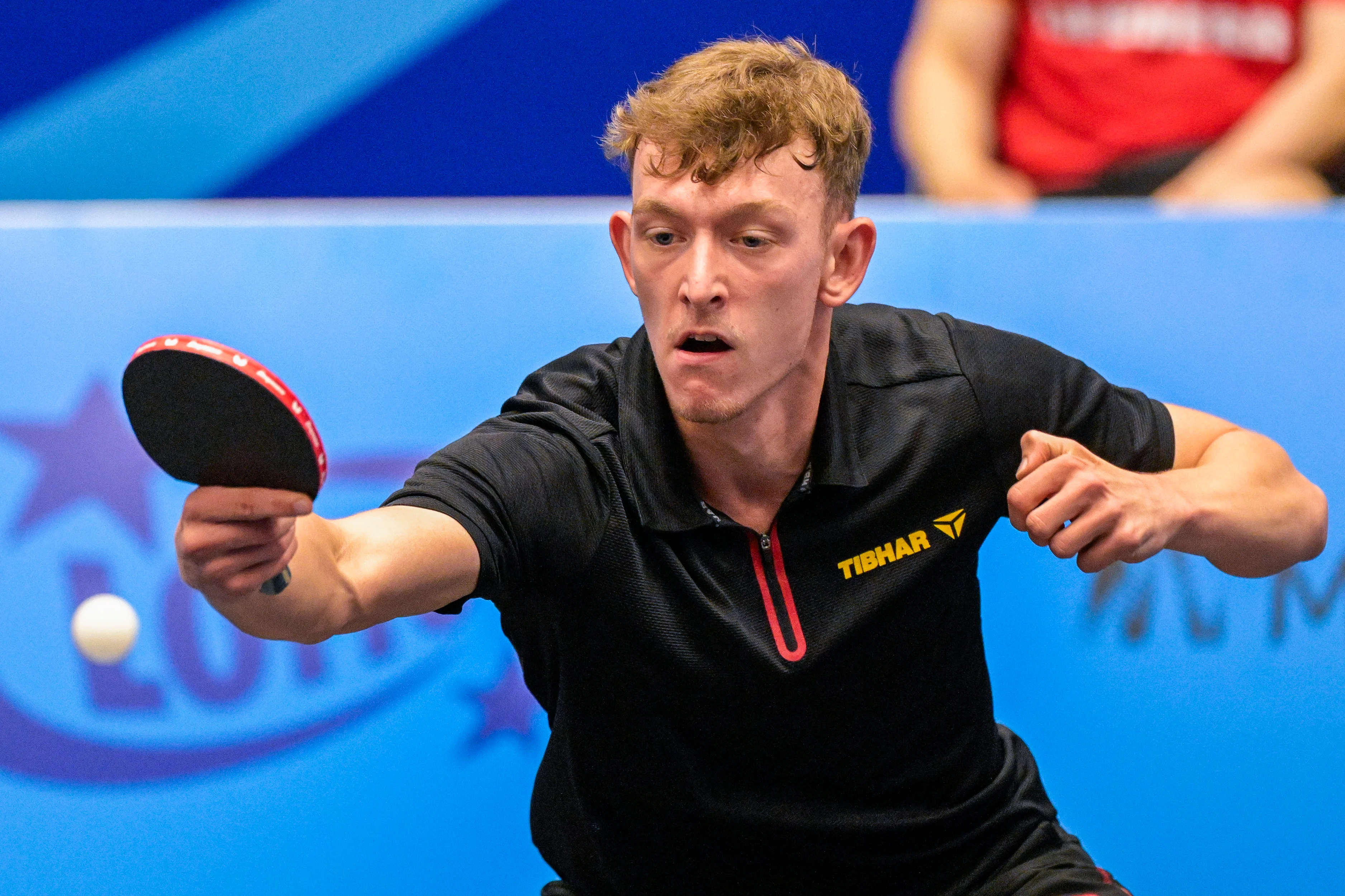 Table Tennis player Adrien Rassenfosse pictured in action during a match in the Men's Team Quarterfinal between Belgium and Germany, in the Table Tennis competition at the European Games in Krakow, Poland on Thursday 29 June 2023. The 3rd European Games, informally known as Krakow-Malopolska 2023, is a scheduled international sporting event that will be held from 21 June to 02 July 2023 in Krakow and Malopolska, Poland. BELGA PHOTO LAURIE DIEFFEMBACQ