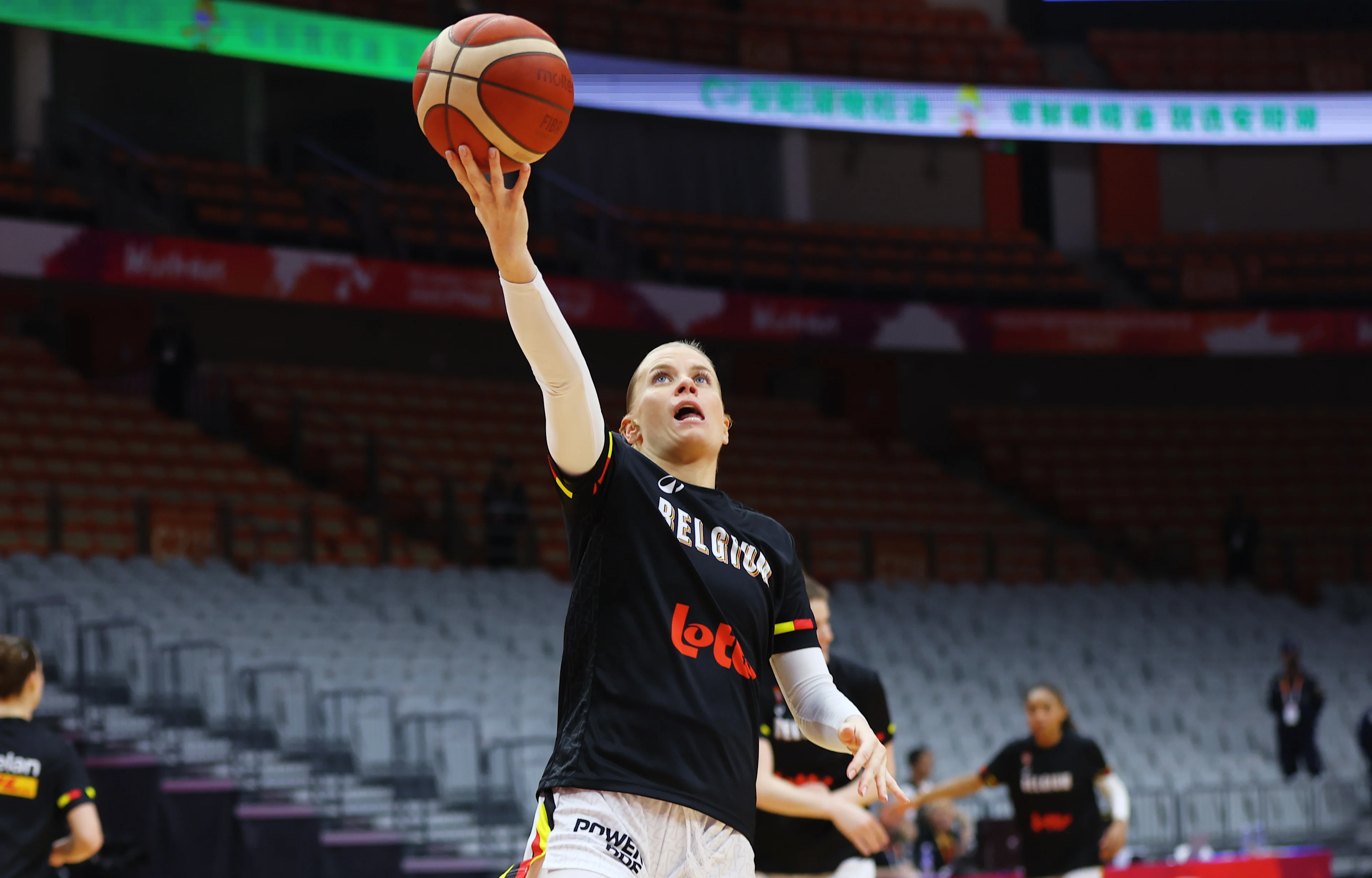 Belgium's Julie Vanloo pictured in action during the warming-up for a basket game between Belgium's national team Belgian Cats and Mali, in Wuhan, China, on Saturday 14 March 2026, the third game (out of 5) of the qualifications phase for the World Cup Basket tournament. BELGA PHOTO NIKOLA KRSTIC