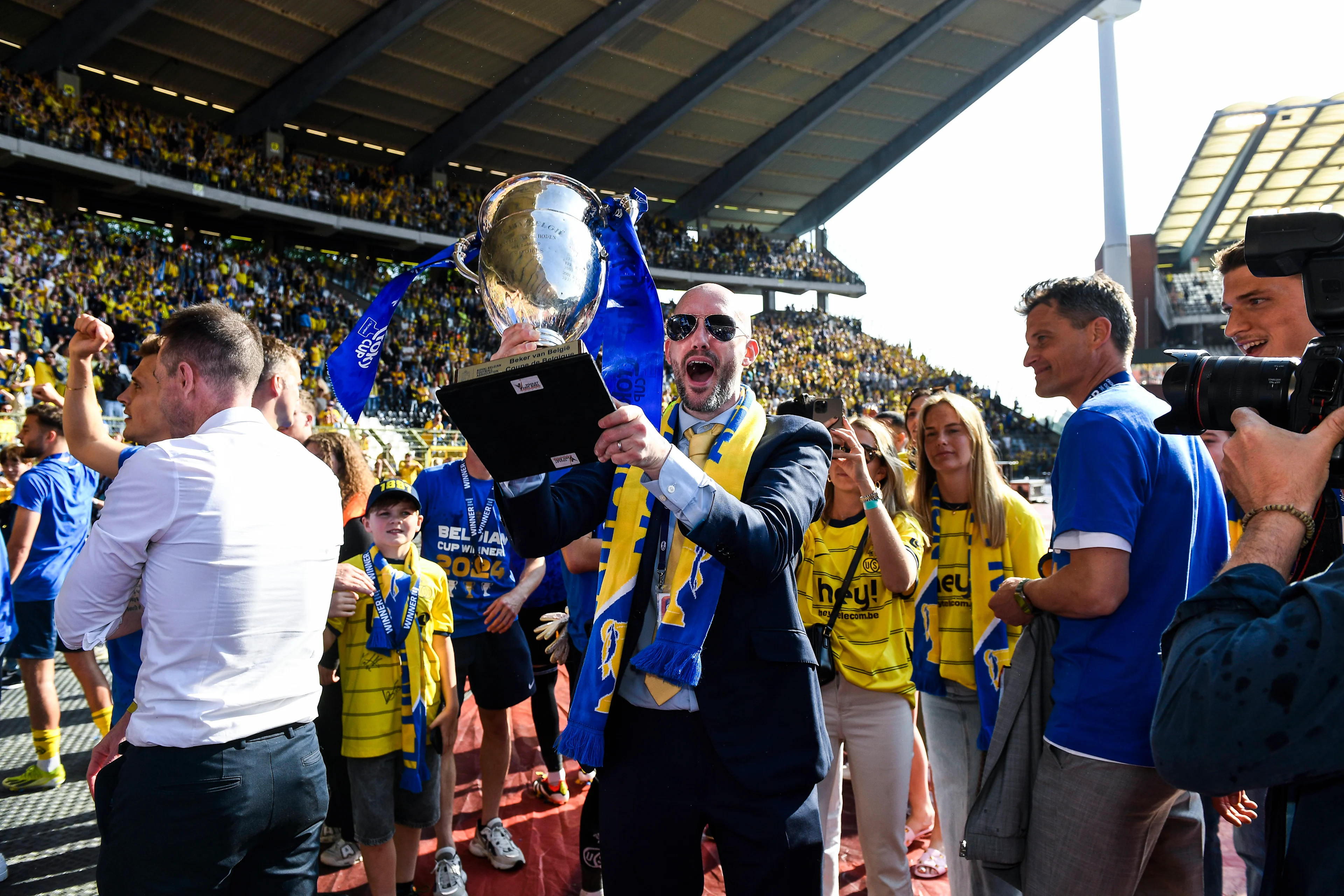 Union's chairman of the board Alex Muzio celebrates after winning the match between RUSG Royale Union Saint-Gilloise vs RAFC Royal Antwerp FC, the final of the Belgian Croky Cup, at the King Baudouin stadium in Brussels, Thursday 09 May 2024. BELGA PHOTO GOYVAERTS