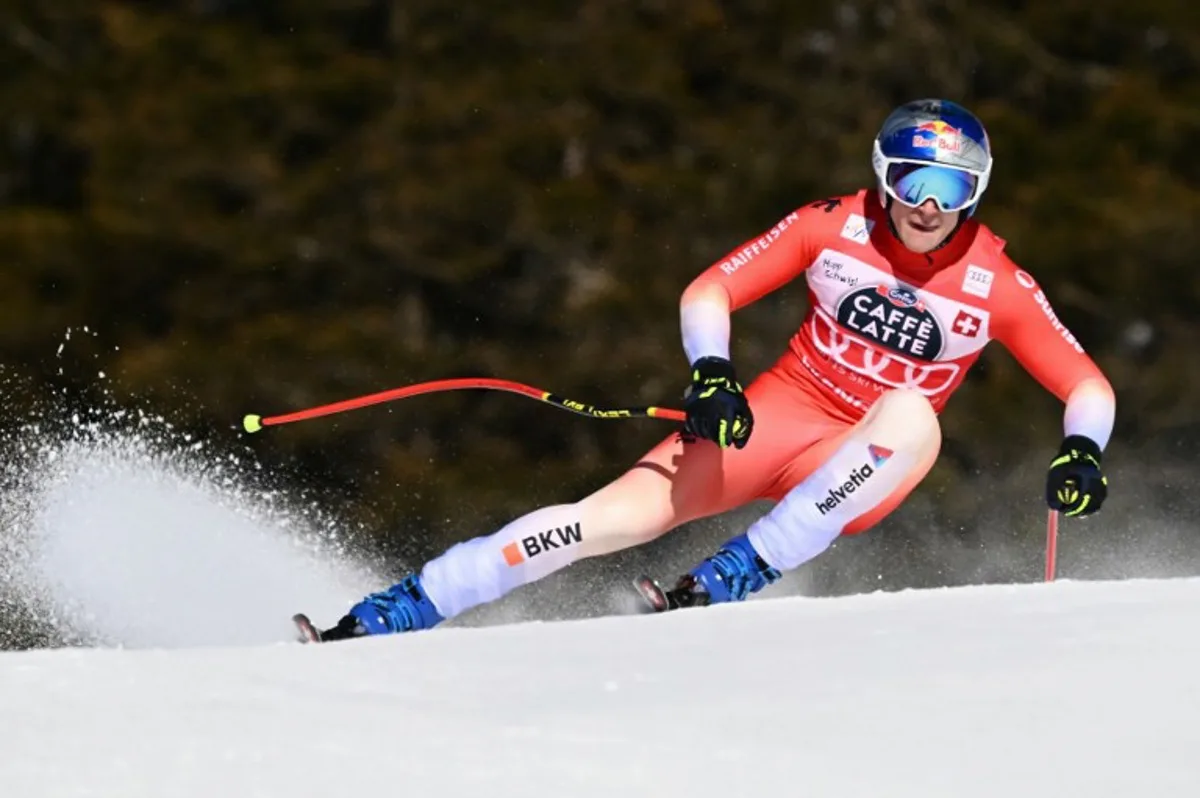 Switzerland's Marco Odermatt competes in the men's Downhill event at the FIS Alpine Skiing World Cup in Wengen on January 18, 2025.    Marco BERTORELLO / AFP