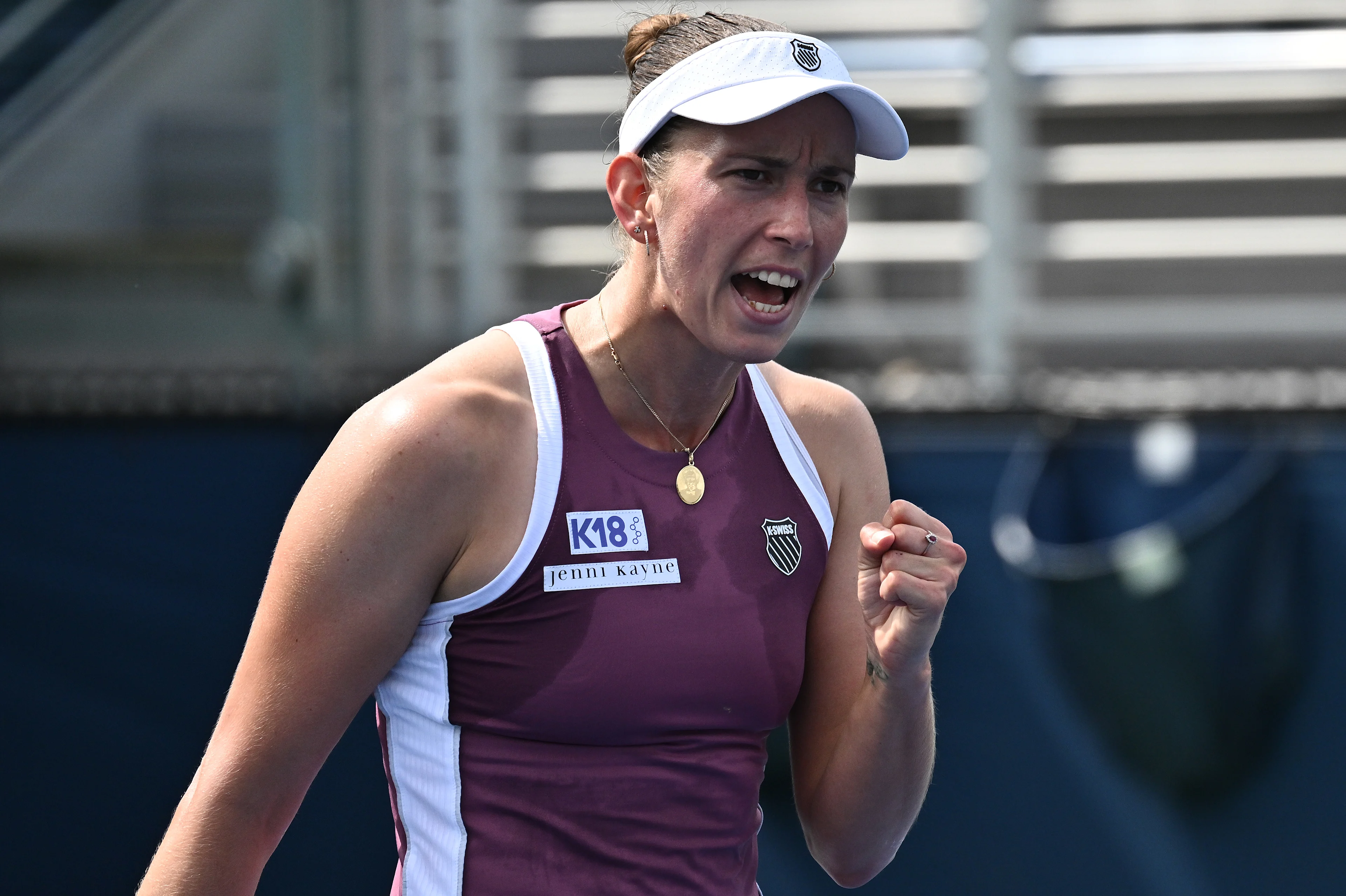 Elise Mertens of Belgium reacts as she plays against Maria Timofeeva of Uzbekistan in the Women's singles Round 2 of the 2026 US Open Tennis Championship, USTA Billie Jean King National Tennis Center in Flushing Meadow-Corona Park, in the Queens borough of New York, NY, September 3, 2026. (Photo by Anthony Behar/Sipa USA) BELGA PHOTO BENELUX ONLY