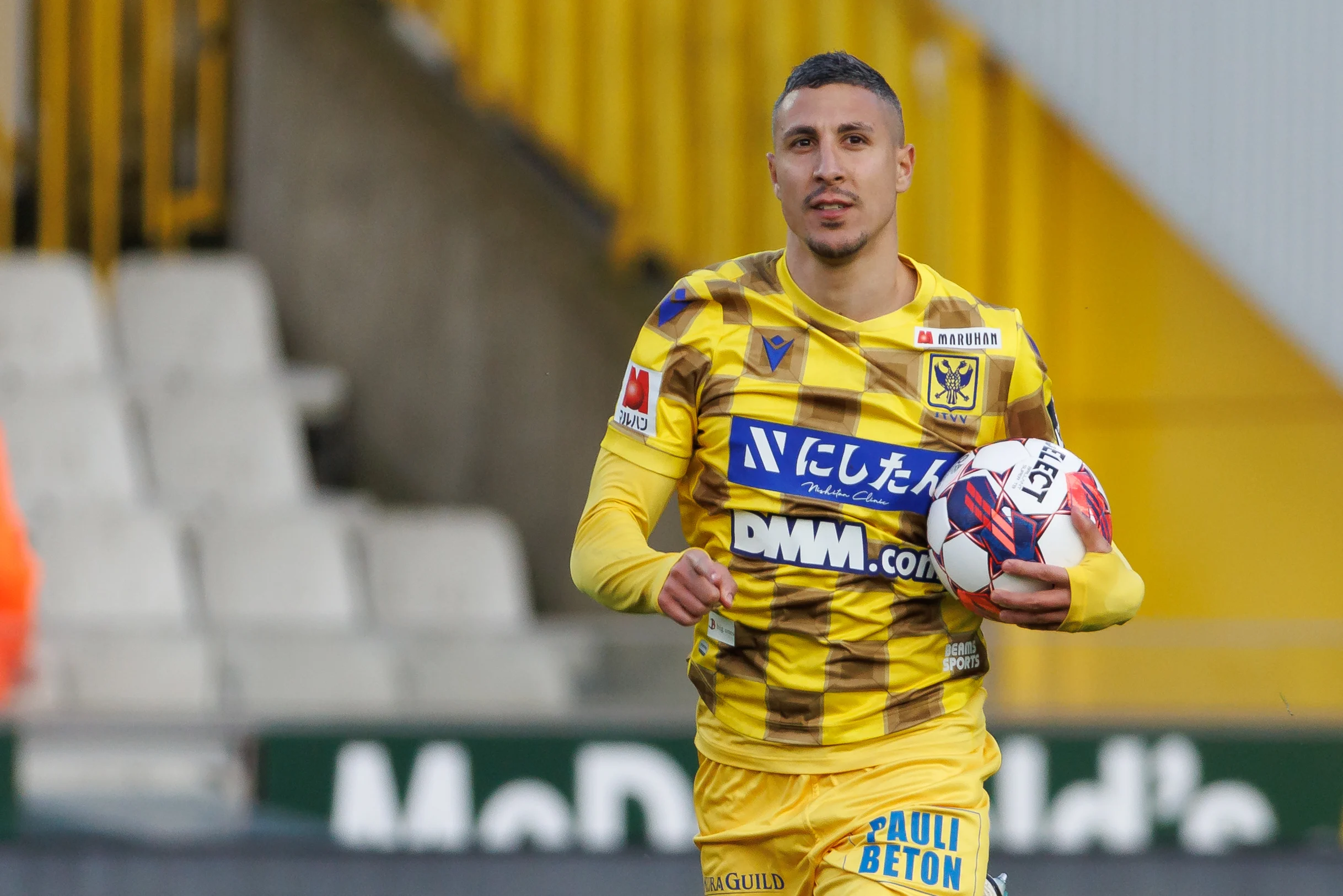 STVV's Gianni Bruno celebrates after scoring during a soccer match between Cercle Brugge and Sint-Truidense VV, Saturday 15 April 2023 in Brugge, on day 33 of the 2022-2023 'Jupiler Pro League' first division of the Belgian championship. BELGA PHOTO KURT DESPLENTER