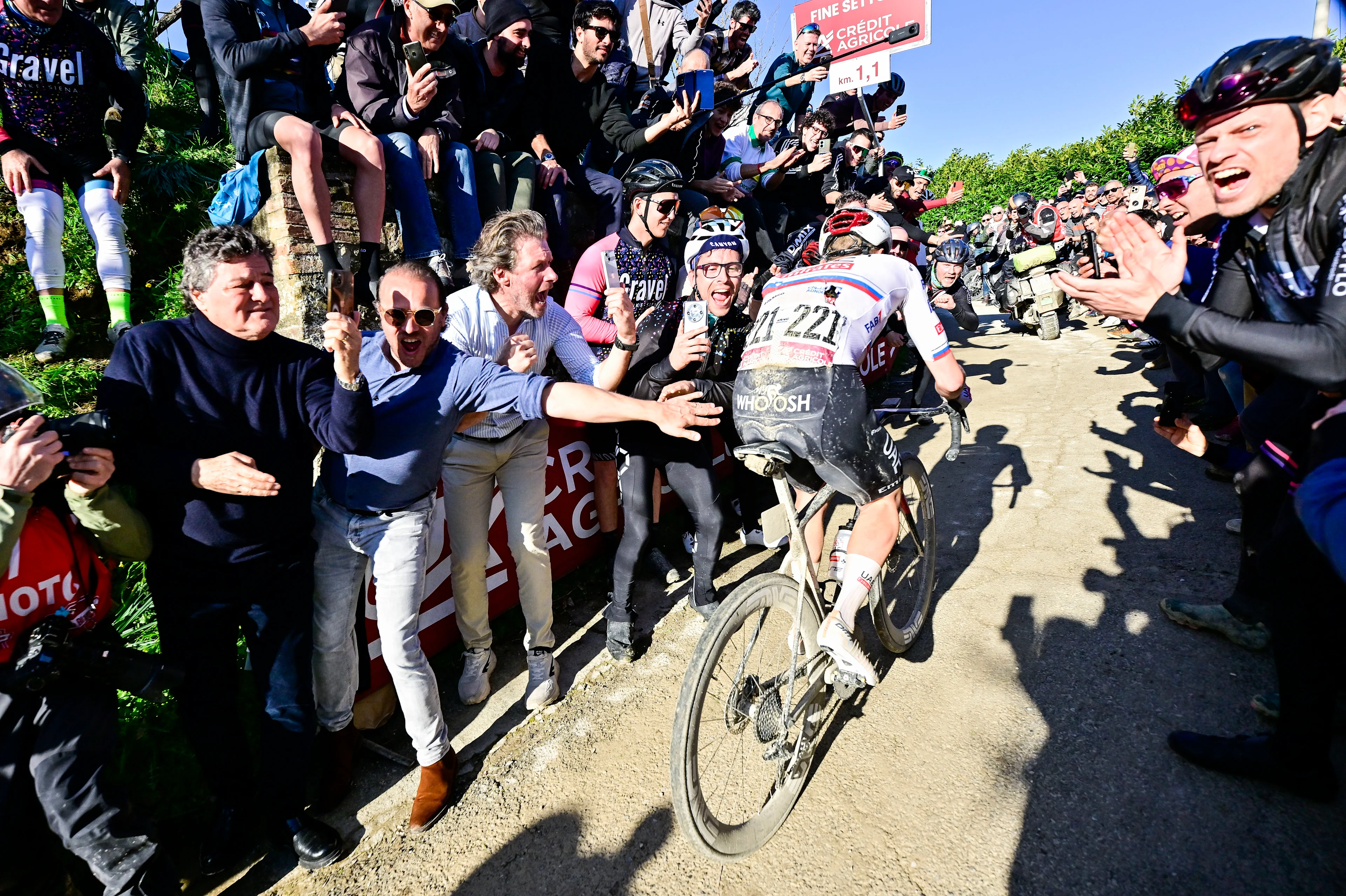 Slovenian Tadej Pogacar of UAE Team Emirates pictured in action during the men's elite race of the 'Strade Bianche' one day cycling race (215km) from and to Siena, Italy, Saturday 02 March 2024. BELGA PHOTO DIRK WAEM