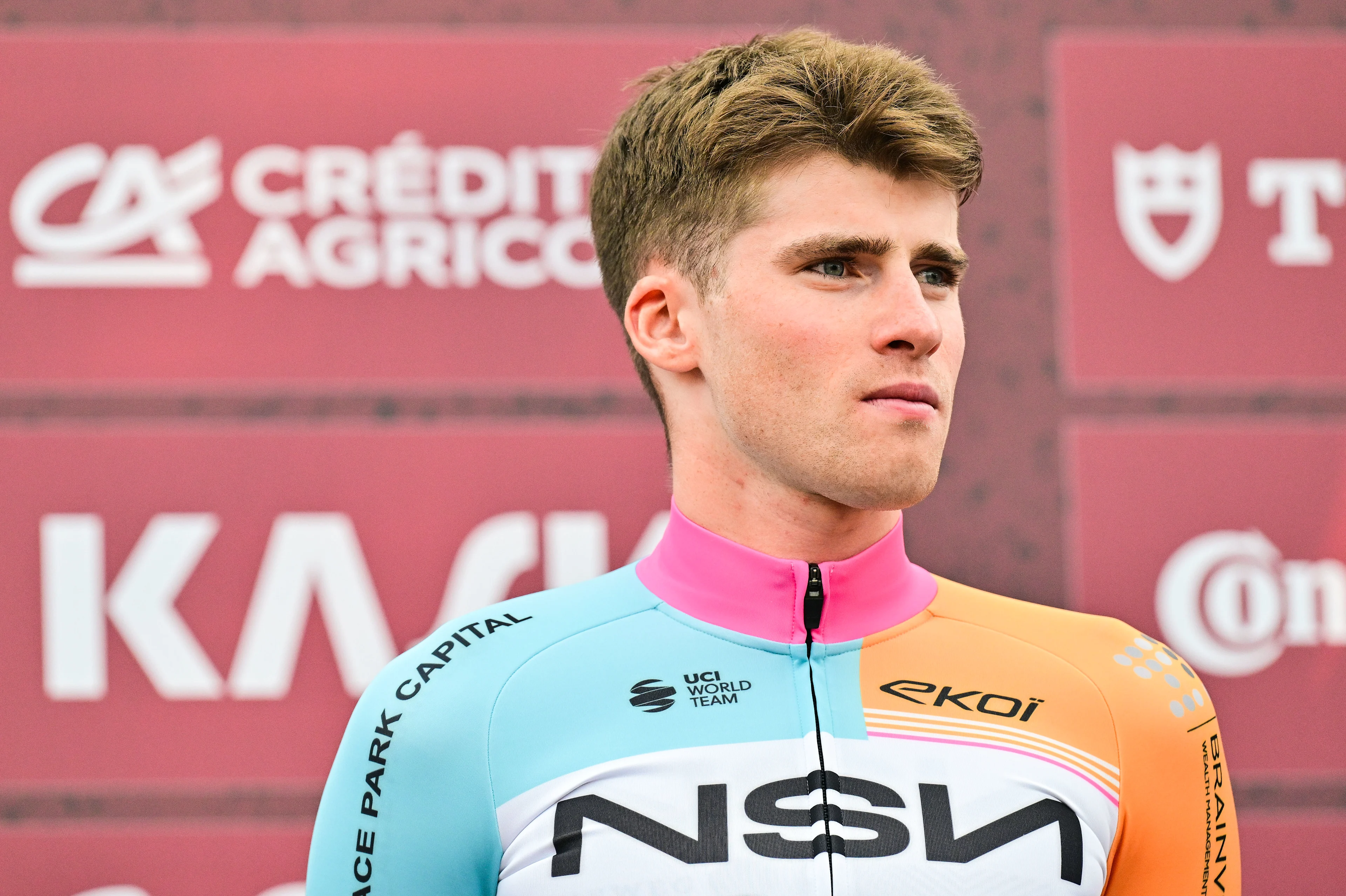 Belgian Floris Van Tricht of NSN Cycling Team pictured during the team presentations ahead of the 'Strade Bianche' one day cycling race from and to Siena, Italy, Friday 06 March 2026. BELGA PHOTO DIRK WAEM
