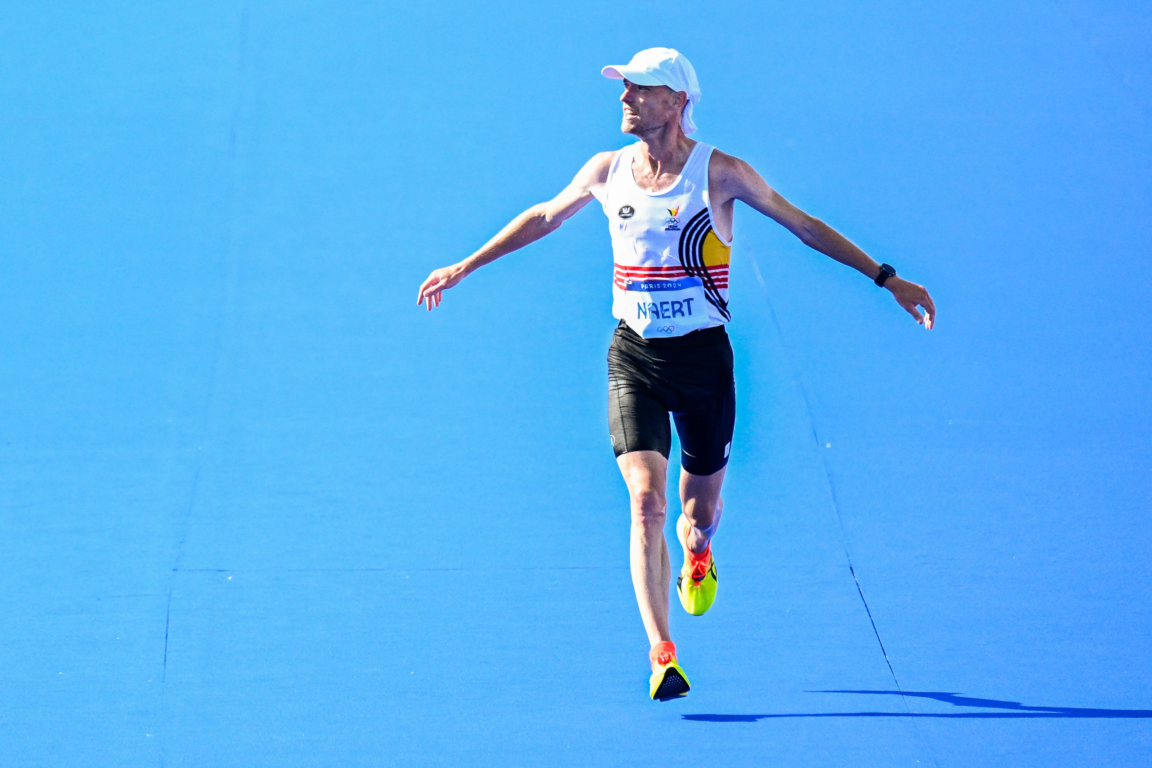 Belgian athlete Koen Naert crosses the finish line of the men's marathon of the athletics competition at the Paris 2024 Olympic Games, on Saturday 10 August 2024 in Paris, France. The Games of the XXXIII Olympiad are taking place in Paris from 26 July to 11 August. The Belgian delegation counts 165 athletes competing in 21 sports. BELGA PHOTO JASPER JACOBS