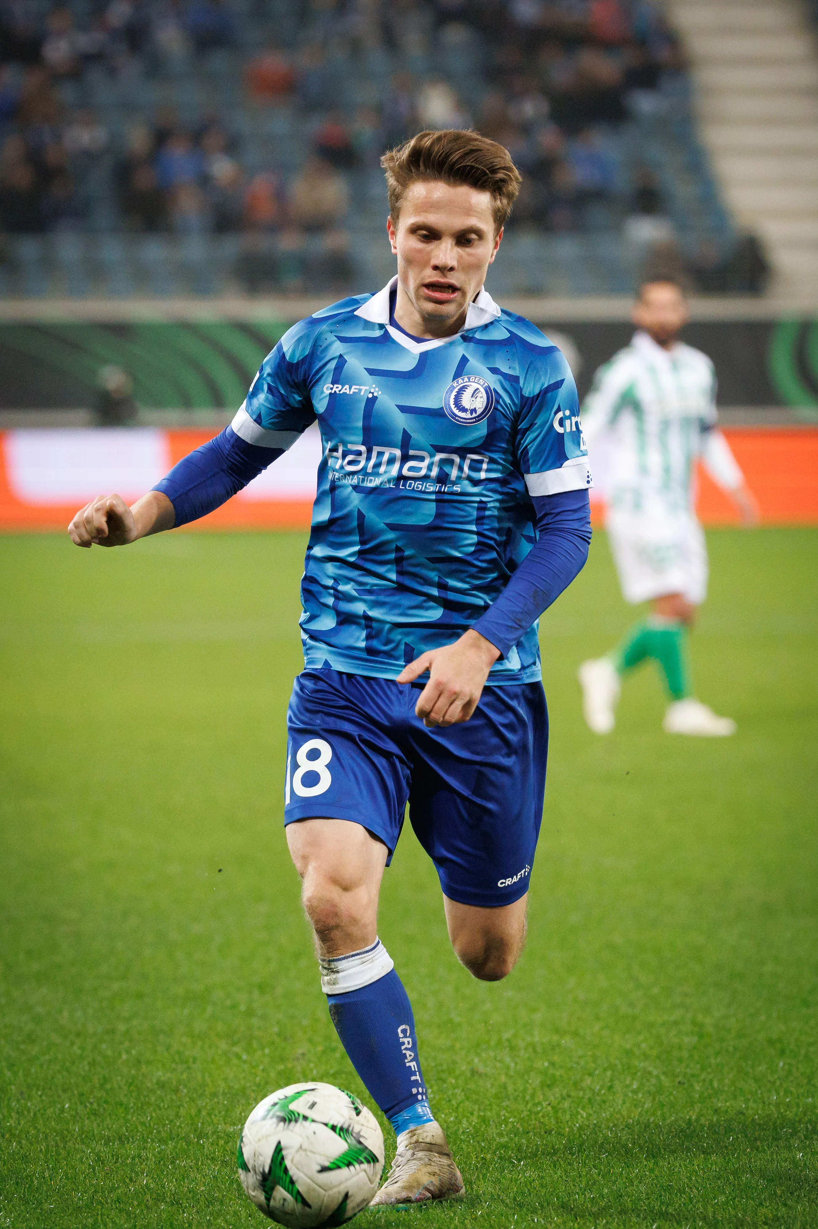 Gent's Matisse Samoise pictured in action during a soccer game between Belgian KAA Gent and Spanish Real Betis Sevilla,Thursday 13 February 2025 in Gent, the first leg of the Knockout phase play-offs of the UEFA Conference League competition. BELGA PHOTO KURT DESPLENTER