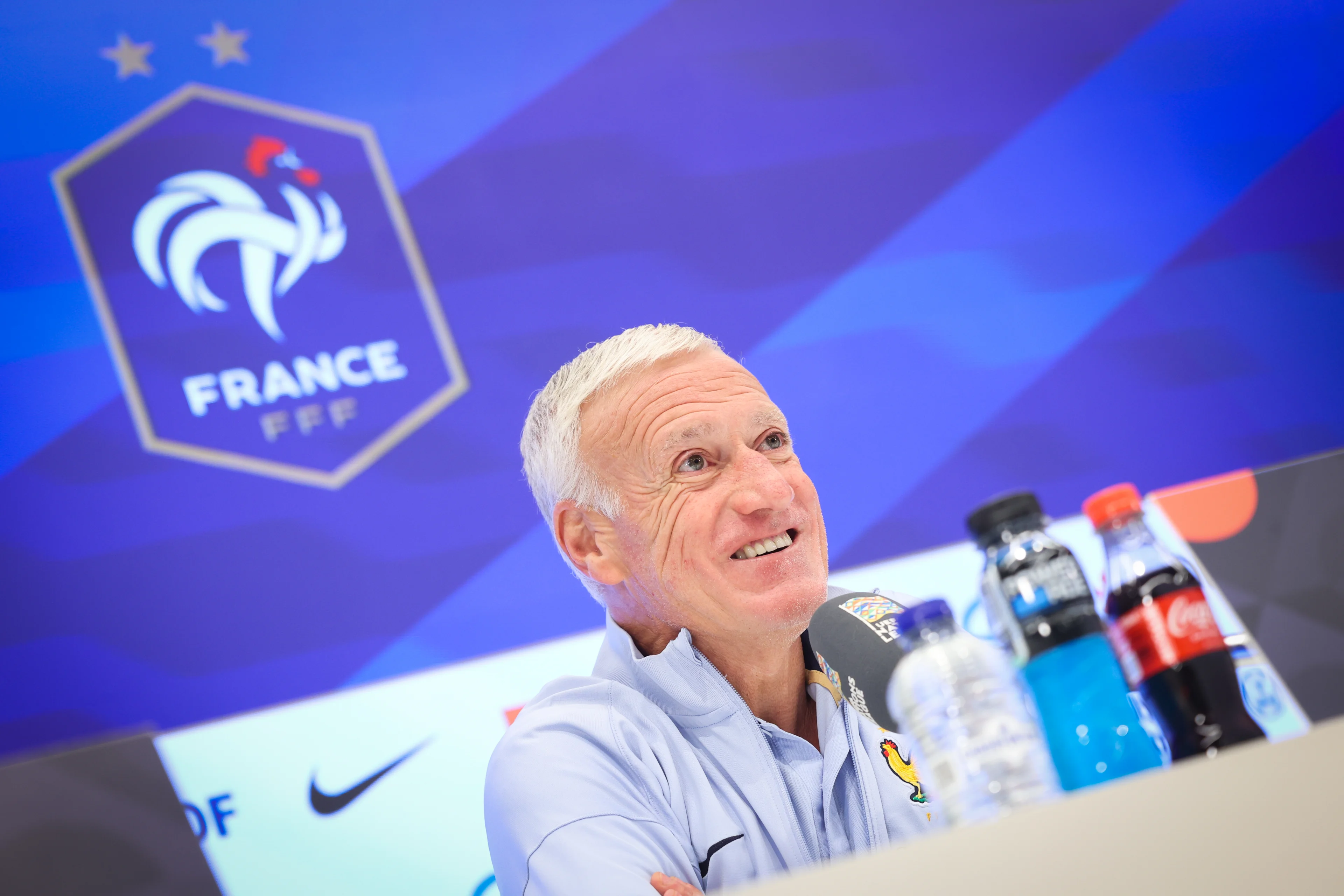 France's head coach Didier Deschamps pictured during a press conference of the French national soccer team, at the Roi Baudoin Stadium, in Brussels, Sunday 13 October 2024. The French national team is playing tomorrow against the Red Devils, for the UEFA Nations League 2025. BELGA PHOTO VIRGINIE LEFOUR BELGA PHOTO VIRGINIE LEFOUR