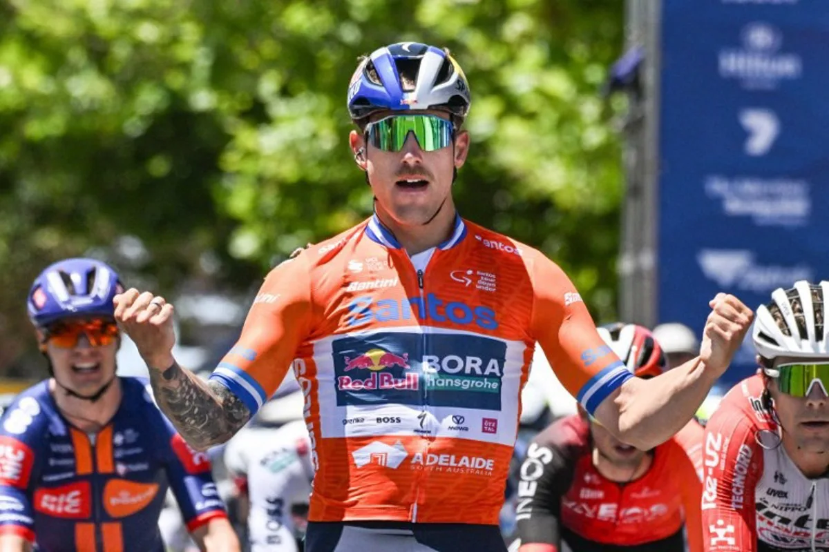 Red Bull-Bora-Hansgrohe rider Australia's Sam Welsford reacts after winning stage two of the Tour Down Under cycling race in Adelaide on January 22, 2025.  Brenton Edwards / AFP