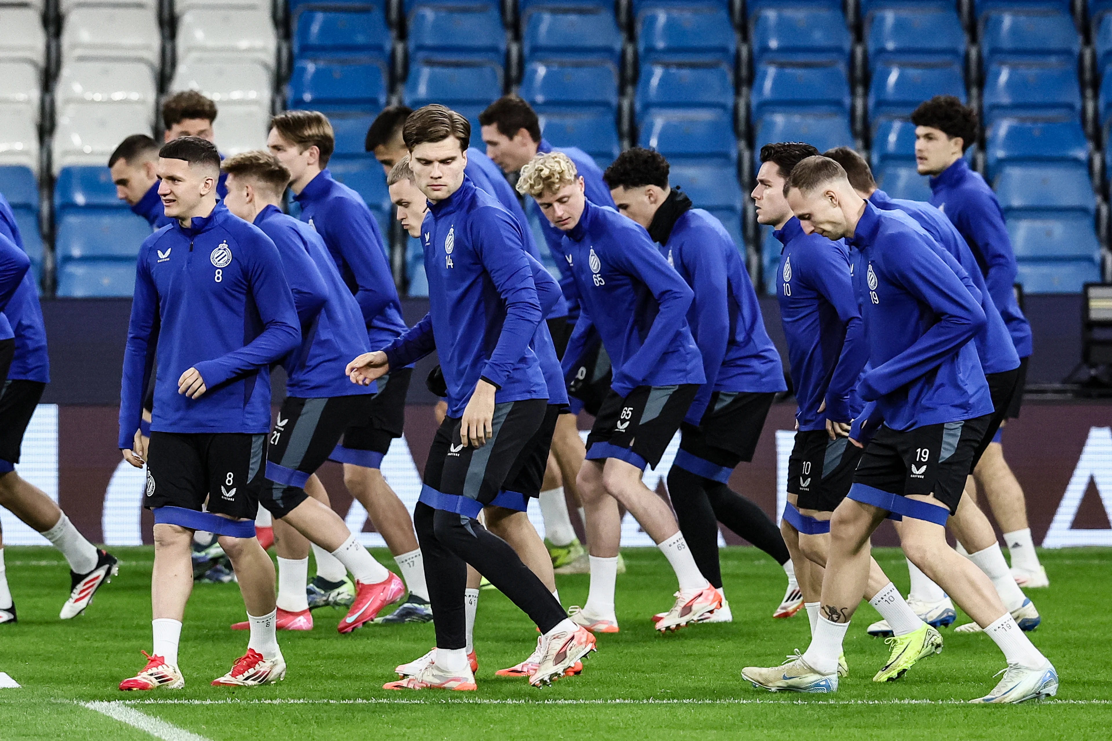 Club's players pictured during a training session of Belgian soccer Club Brugge KV, Tuesday 28 January 2025 in Manchester, England. Tomorrow, they will play against English club Manchester City, on the eight day (out of 8) of the UEFA Champions League league phase. BELGA PHOTO BRUNO FAHY