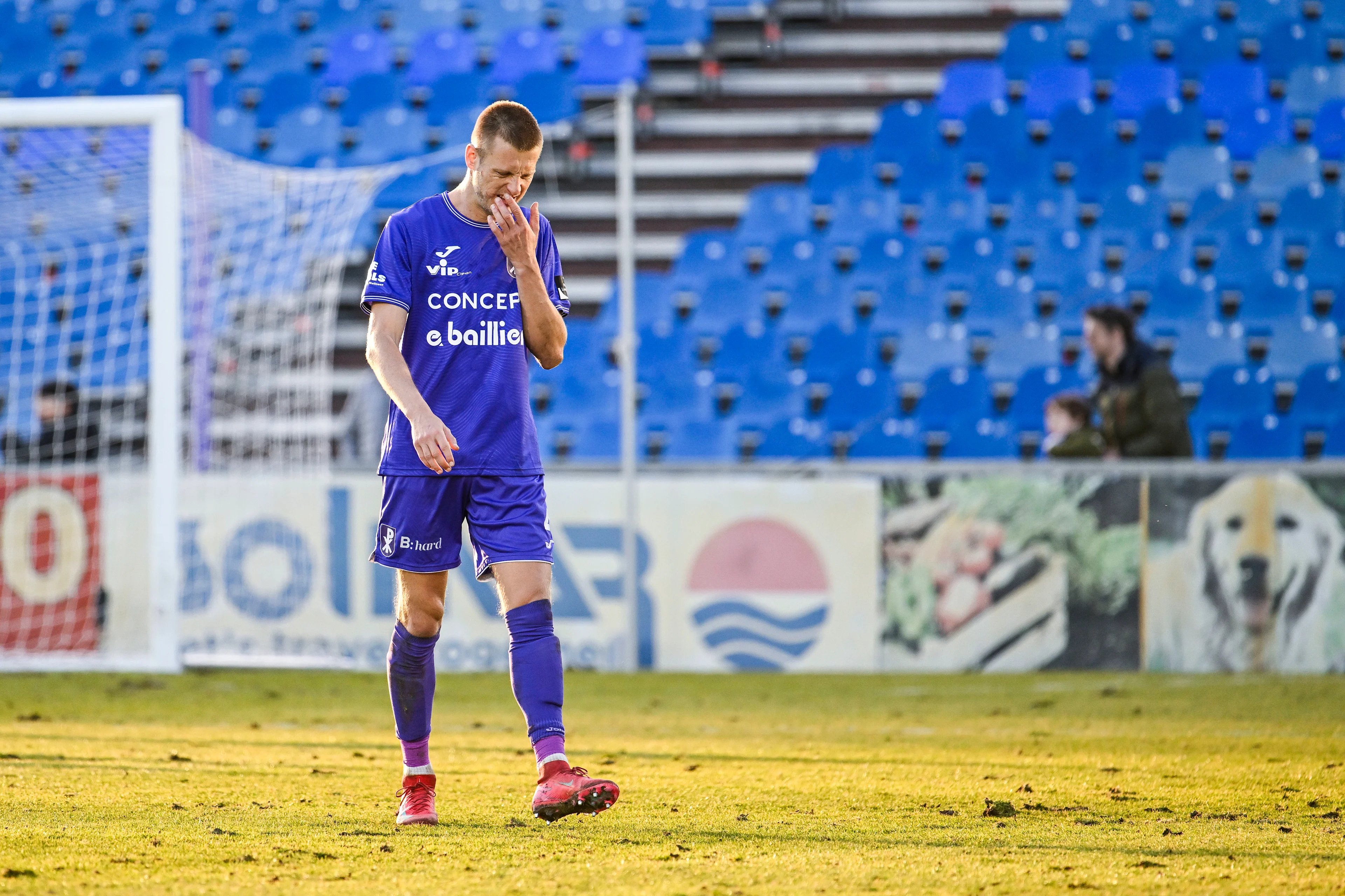 Patro Eisden's Kjetil Borry leaves the field after receiving a red card during a soccer match between Patro Eisden Maasmechelen and RAAL La Louviere, Sunday 23 February 2025 in Maasmechelen, on day 23 of the 2024-2025 'Challenger Pro League' second division of the Belgian championship. BELGA PHOTO TOM GOYVAERTS