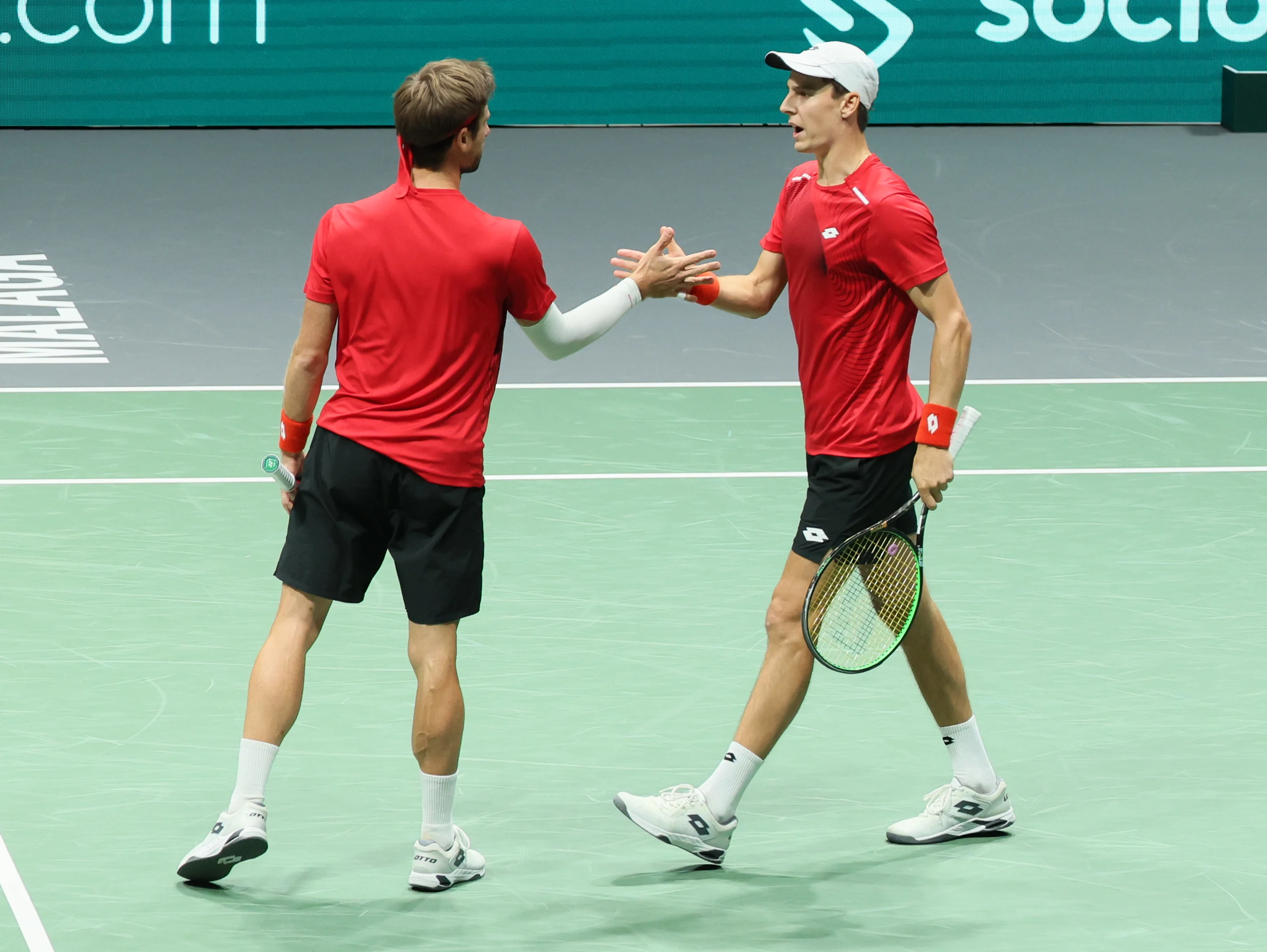 Belgian Joran Vliegen and Belgian Sander Gille pictured during the doubles game between Belgian Sander Gille/Joran Vliegen and Brazilian Rafael Matos/Felipe Meligeni Alves, the third match in the group A Davis Cup Finals group stage between Belgium and Brazil, Saturday 14 September 2024, at the Unipol Arena, in Bologna, Italy. BELGA PHOTO BENOIT DOPPAGNE