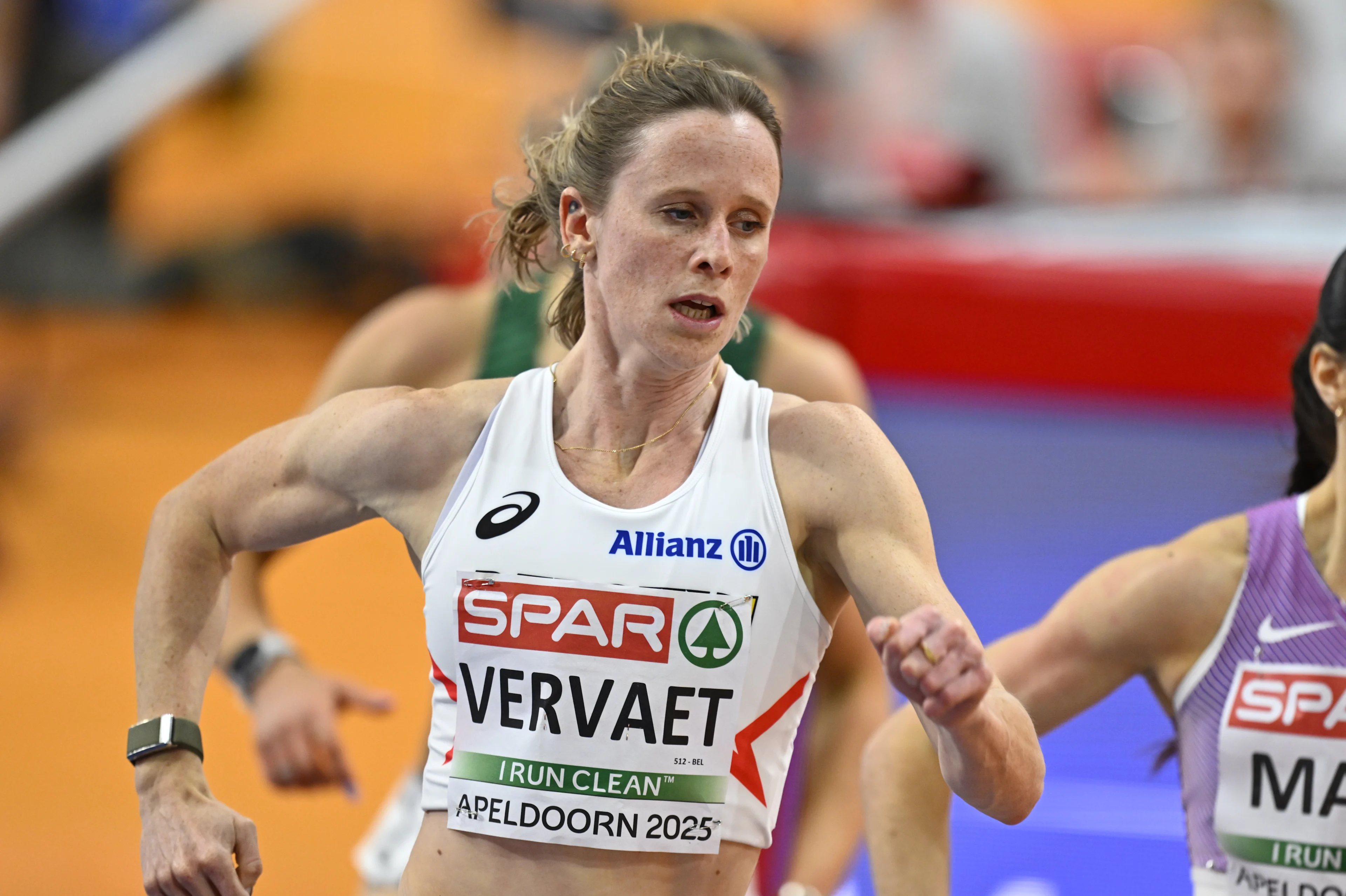 Belgian Imke Vervaet pictured in action during the women's 400m series, at the European Athletics Indoor Championships, in Apeldoorn, The Netherlands, Friday 07 March 2025. The championships take place from 6 to 9 March. BELGA PHOTO ERIC LALMAND