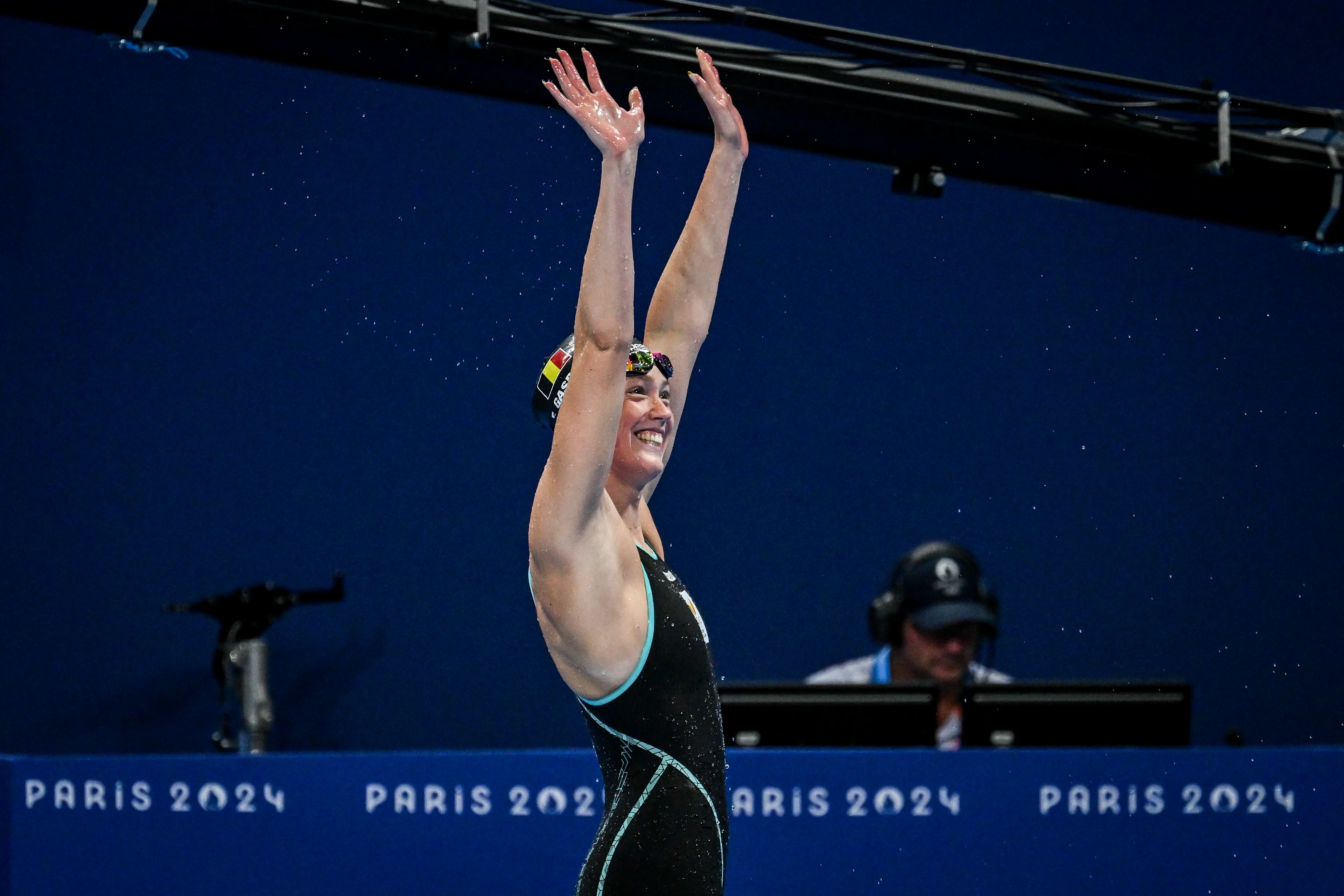 Belgian swimmer Florine Gaspard pictured after the heats of the women's 50m freestyle swimming competition at the Paris 2024 Olympic Games, on Saturday 03 August 2024 in Paris, France. The Games of the XXXIII Olympiad are taking place in Paris from 26 July to 11 August. The Belgian delegation counts 165 athletes competing in 21 sports. BELGA PHOTO ANTHONY BEHAR   **  ** *** BELGIUM ONLY ***