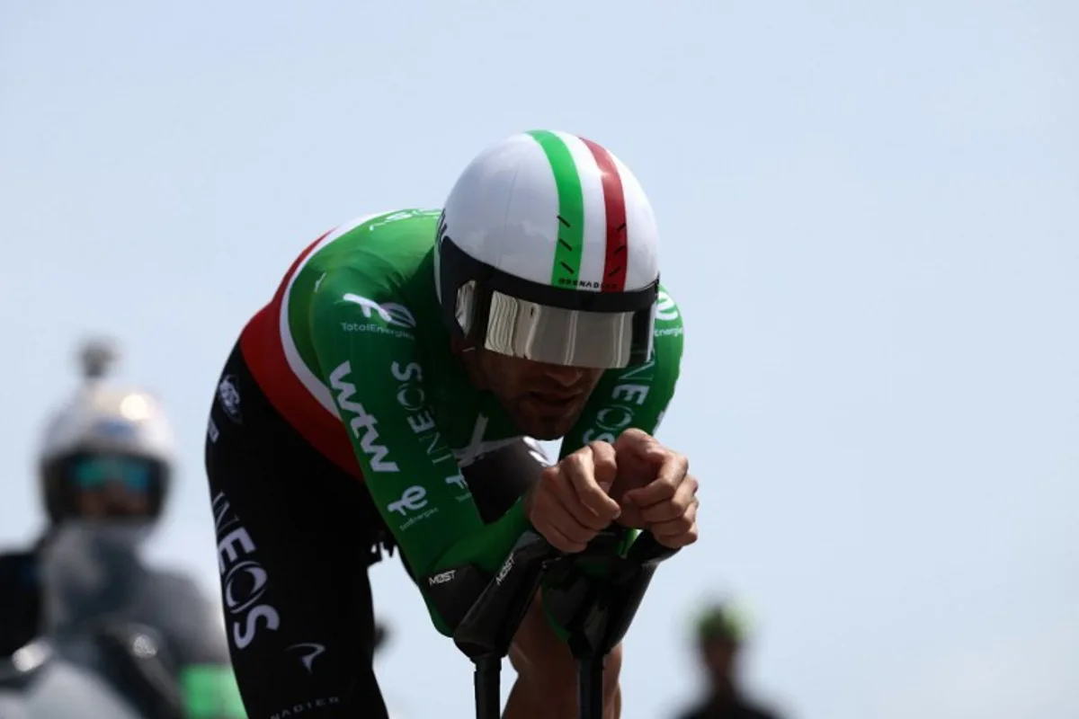 INEOS Grenadiers Italian rider Filippo Ganna competes during the 10th stage of the Giro d'Italia 2026 - Tour of Italy cycling race, 42km individual time trial between Viareggio and Massa on May 19, 2026.  Luca Bettini / AFP