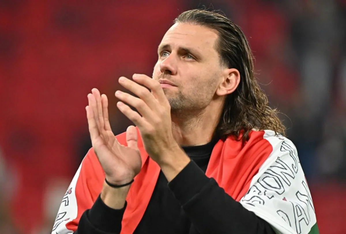 Hungary's forward Adam Szalai reacts after his last international match after the UEFA Nations League Group 3 football match between Hungary and Italy in Budapest on September 26, 2022.  Attila KISBENEDEK / AFP