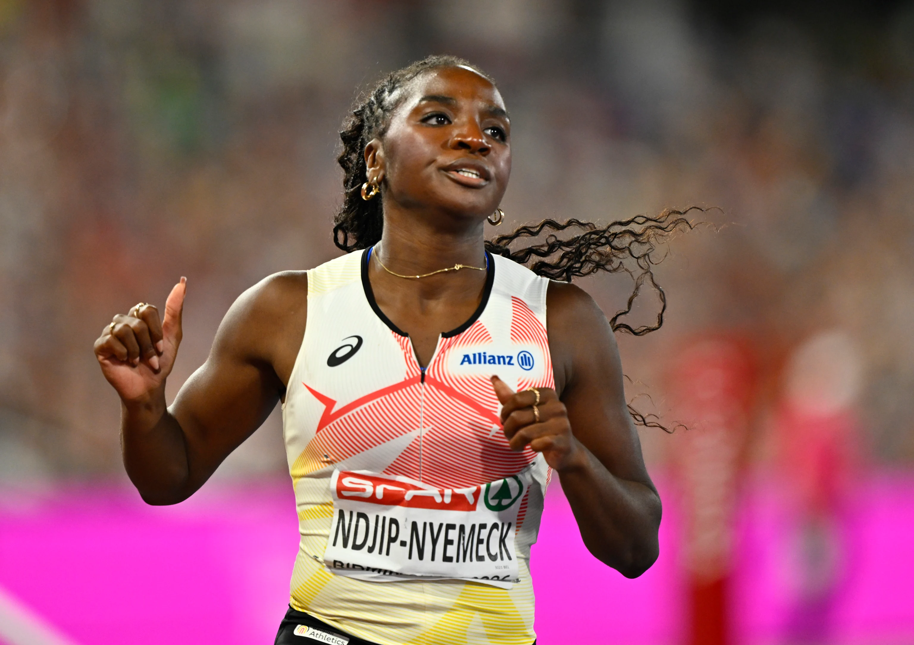 Belgian Yanla Ndjip-Nyemeck reacts after the final of the women's 100m Hurdles on the second day of the European Athletics Championships (August 10-18) in Birmingham, United Kingdom, on Tuesday 11 August 2026. BELGA PHOTO ERIC LALMAND