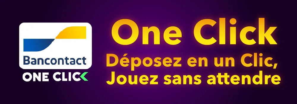 Bannière officielle Bancontact One Click sur fond violet lumineux, avec un message clair et percutant : « Déposez en 1 clic, jouez sans attendre ». L’image illustre la rapidité et la simplicité du dépôt instantané sur Madison Casino.