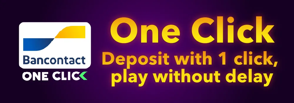 Official Bancontact One Click banner on a vibrant purple background, featuring the tagline “Deposit with 1 click, play without delay.” The image highlights the speed and ease of instant deposits at Madison Casino.