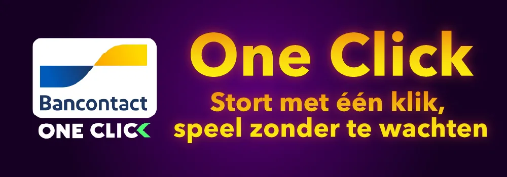 Officiële Bancontact One Click-banner op een levendige paarse achtergrond, met de boodschap: “Storten met één klik, spelen zonder wachttijd.” Het beeld benadrukt de snelheid en het gemak van directe stortingen bij Madison Casino.
