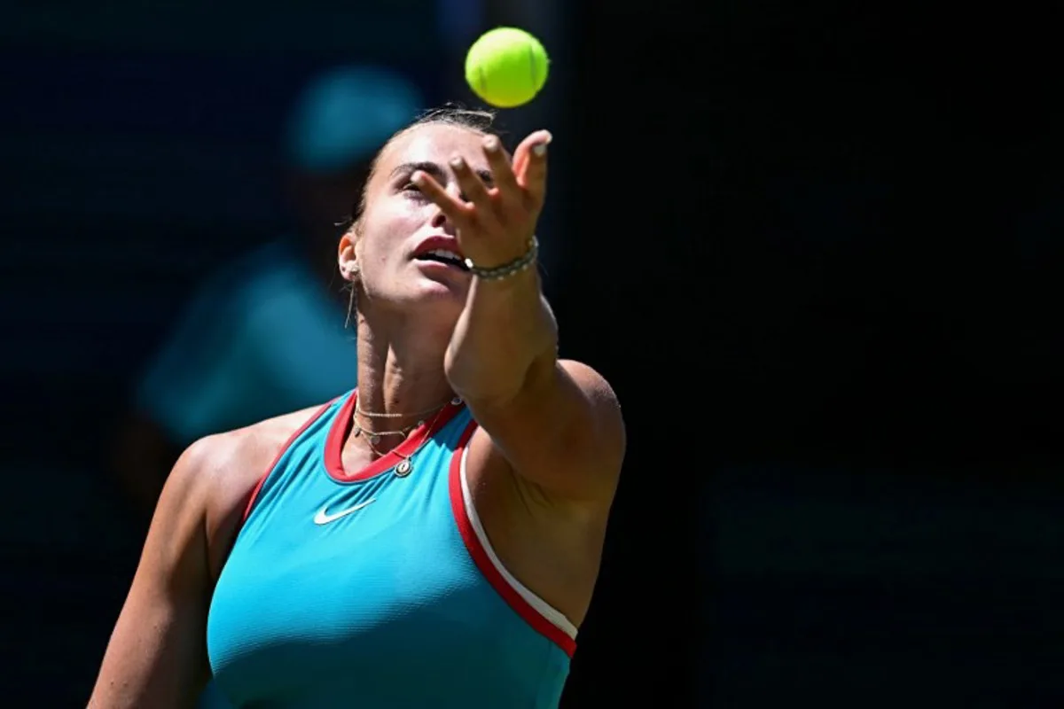 Belarus' Aryna Sabalenka serves the ball to Czech Republic's Marketa Vondrousova (not in picture) during their semi-final match at the WTA tennis tournament in Berlin on June 21, 2025. Tobias SCHWARZ / AFP