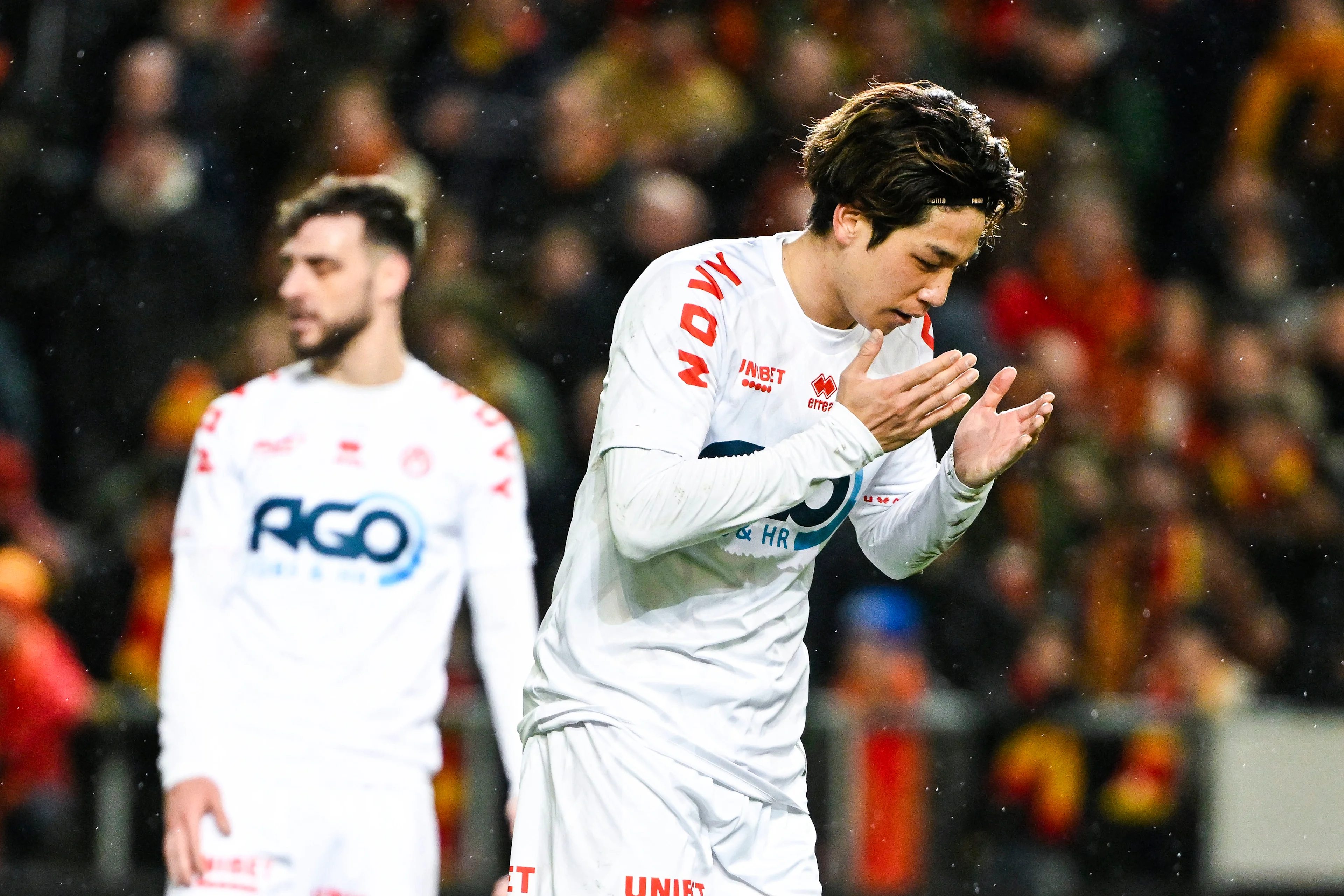 Kortrijk's Ryotaro Tsunoda looks dejected during a soccer match between KV Mechelen and KV Kortrijk, Saturday 24 February 2024 in Mechelen, on day 27 of the 2023-2024 season of the 'Jupiler Pro League' first division of the Belgian championship. BELGA PHOTO TOM GOYVAERTS