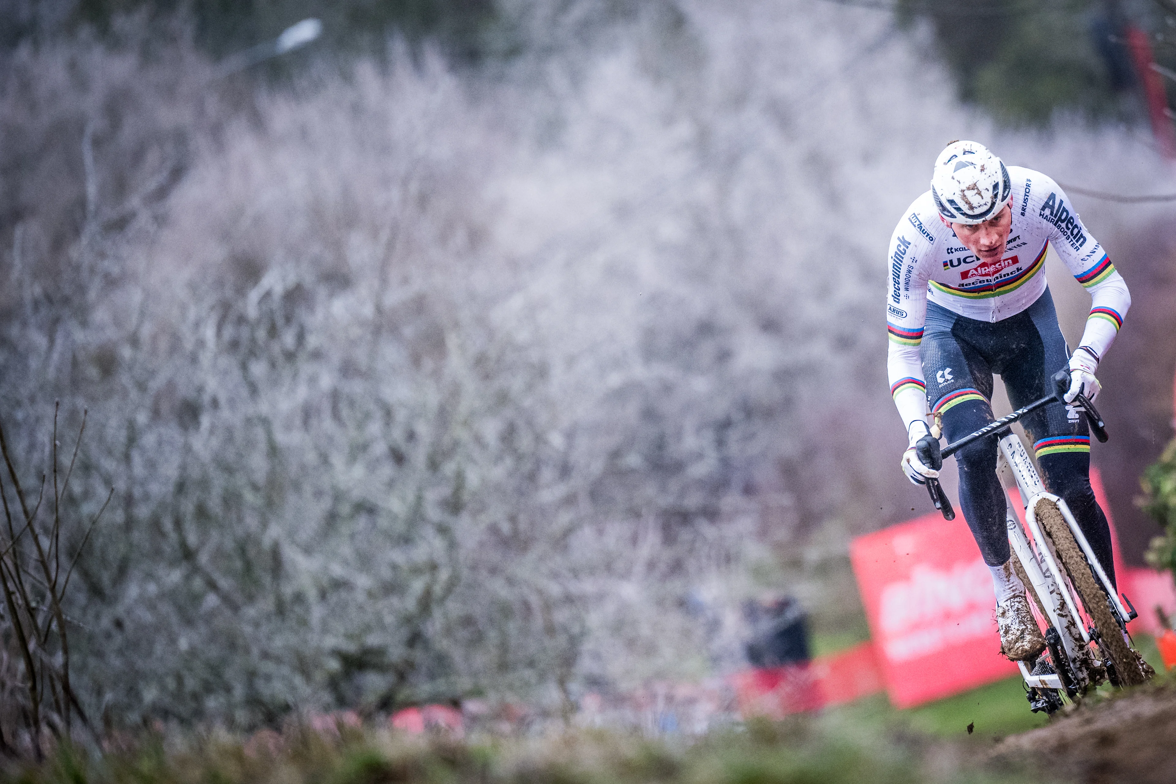 Dutch Mathieu Van Der Poel pictured in action during the men's elite race at the Cyclocross World Cup cyclocross event in Besancon, France, Sunday 29 December 2024, the eighth stage (out of 12) in the World Cup of the 2023-2024 season. BELGA PHOTO JASPER JACOBS