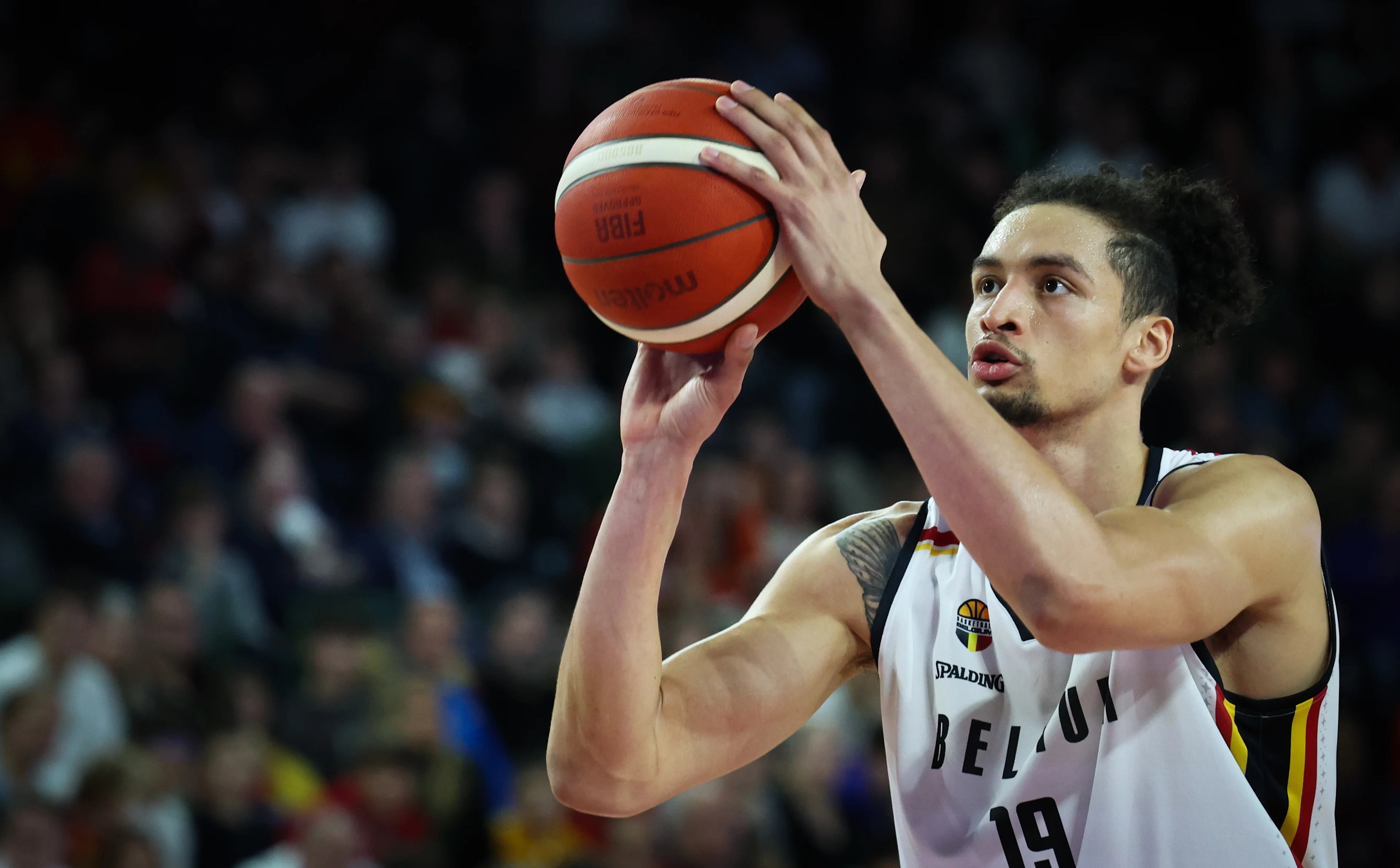 Belgium's Ismael Bako pictured in action during a basketball match between Belgium's national team Belgian Lions and Spain, Sunday 25 February 2024 in Charleroi, game 2/6 in the group stage for the Euro 2025 qualifications. BELGA PHOTO VIRGINIE LEFOUR