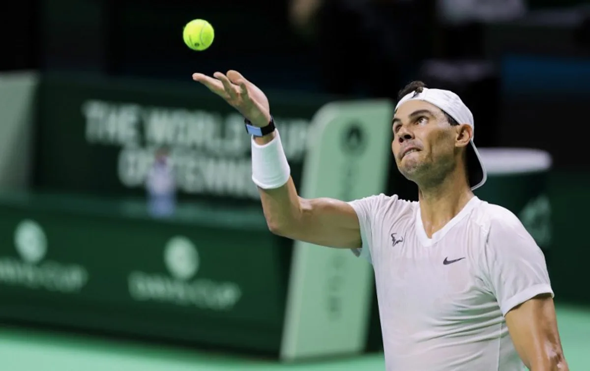 Rafael Nadal of Team Spain trains prior to the  quarter-final match between Netherlands and Spain during the Davis Cup Finals at the Palacio de Deportes Jose Maria Martin Carpena arena in Malaga, southern Spain, on November 19, 2024.  Thomas COEX / AFP